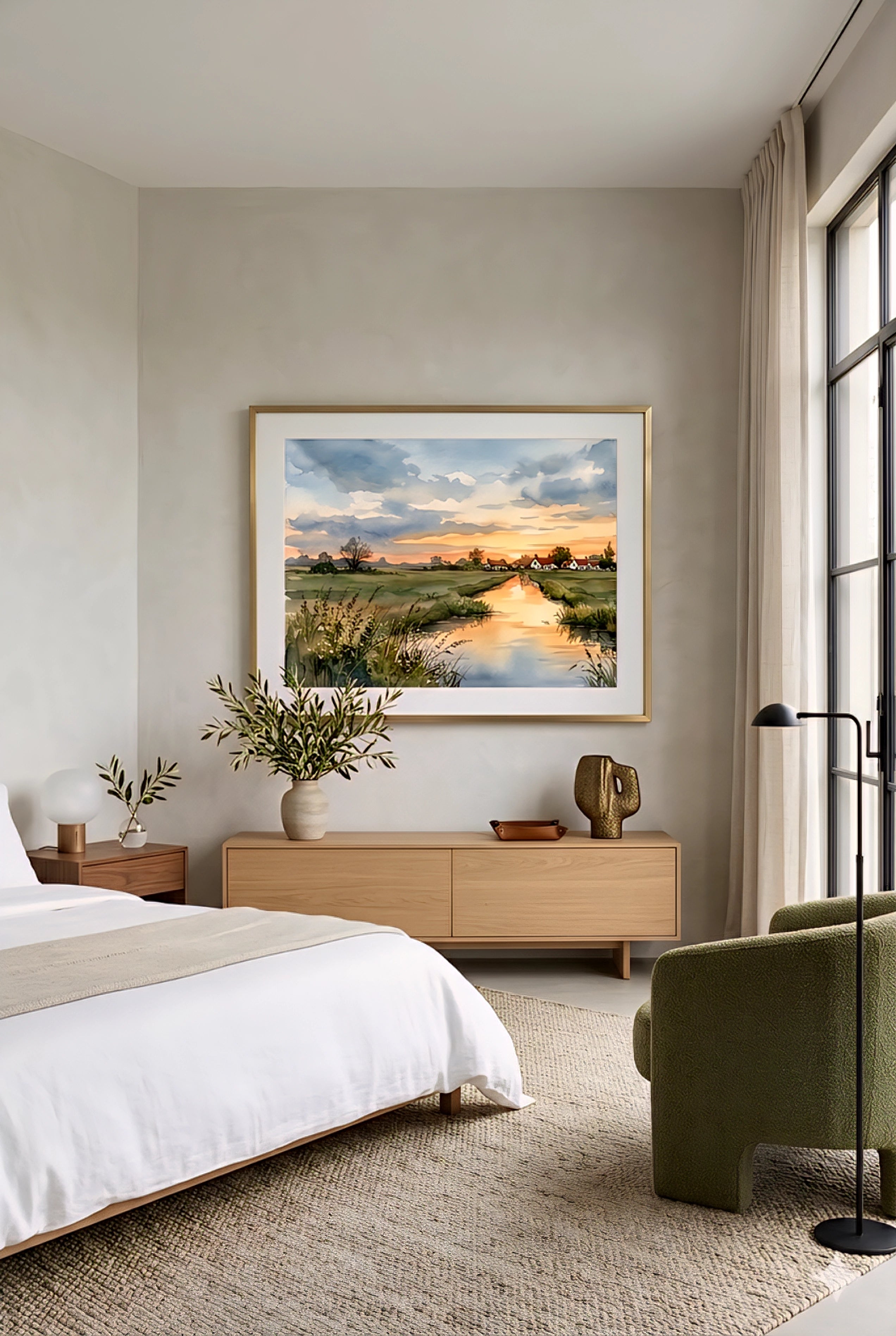 Modern neutral bedroom with framed coastal sunset village printable wall art above wood dresser with olive branches and soft natural textures
