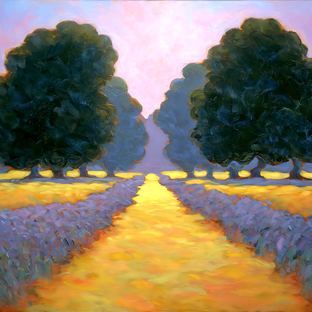 Lavender field landscape wall art digital download featuring a glowing golden path between rows of purple flowers and tall trees under a soft pastel sky, impressionist painting style, printable in multiple sizes up to 55 inches for statement wall decor