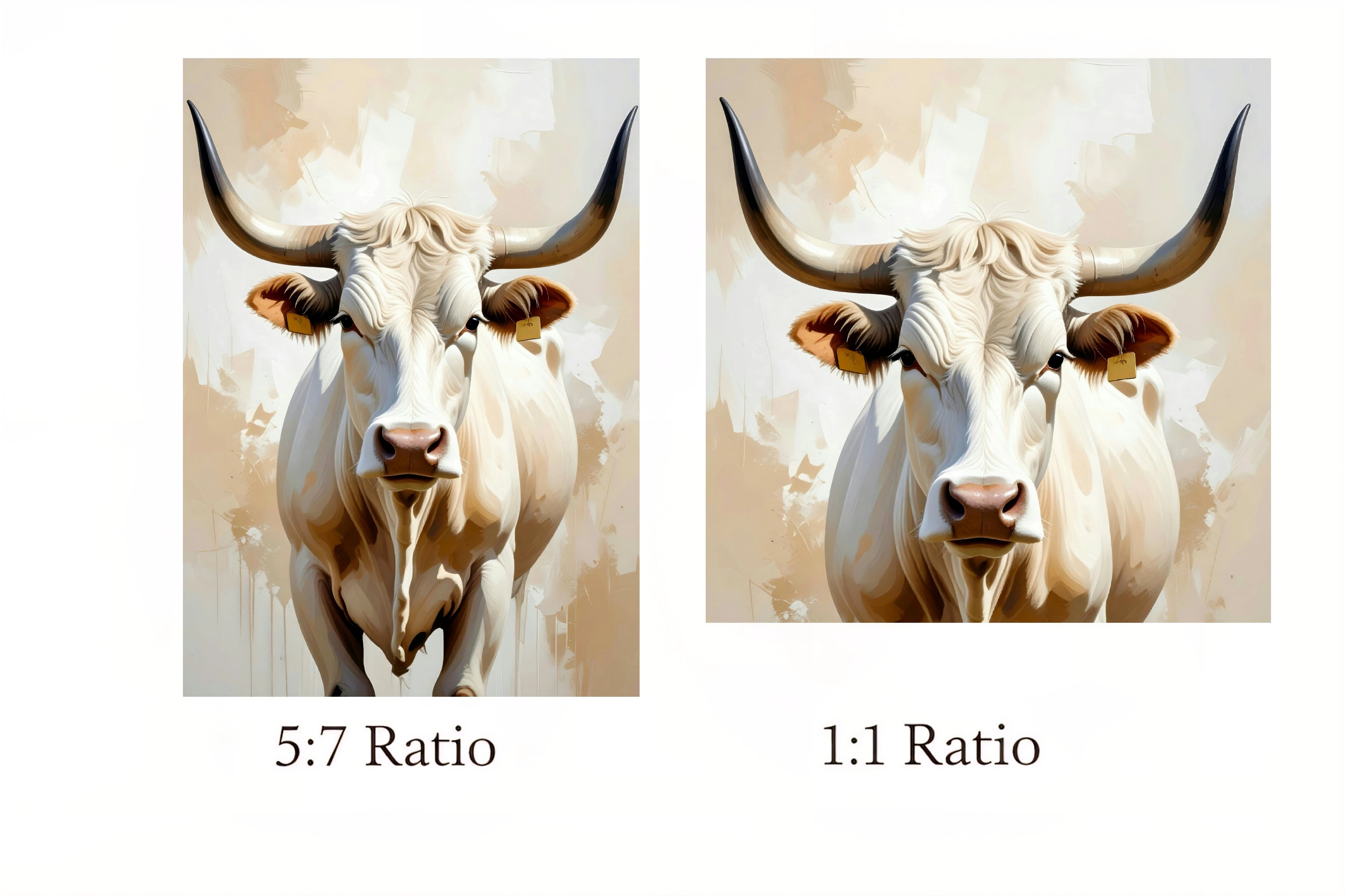 Two images of a bull with text indicating 5:7 and 1:1 aspect ratios.