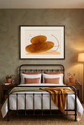 Neutral abstract wall art printable above metal bed in warm earth tone bedroom with beige walls and minimalist decor