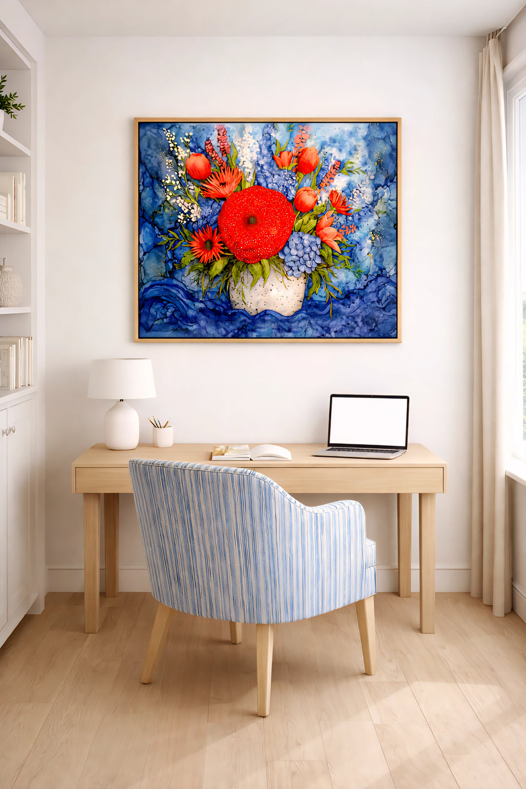 Colorful floral wall art digital download, bold red flower bouquet painting in bright modern home office, horizontal printable artwork in 3 orientations