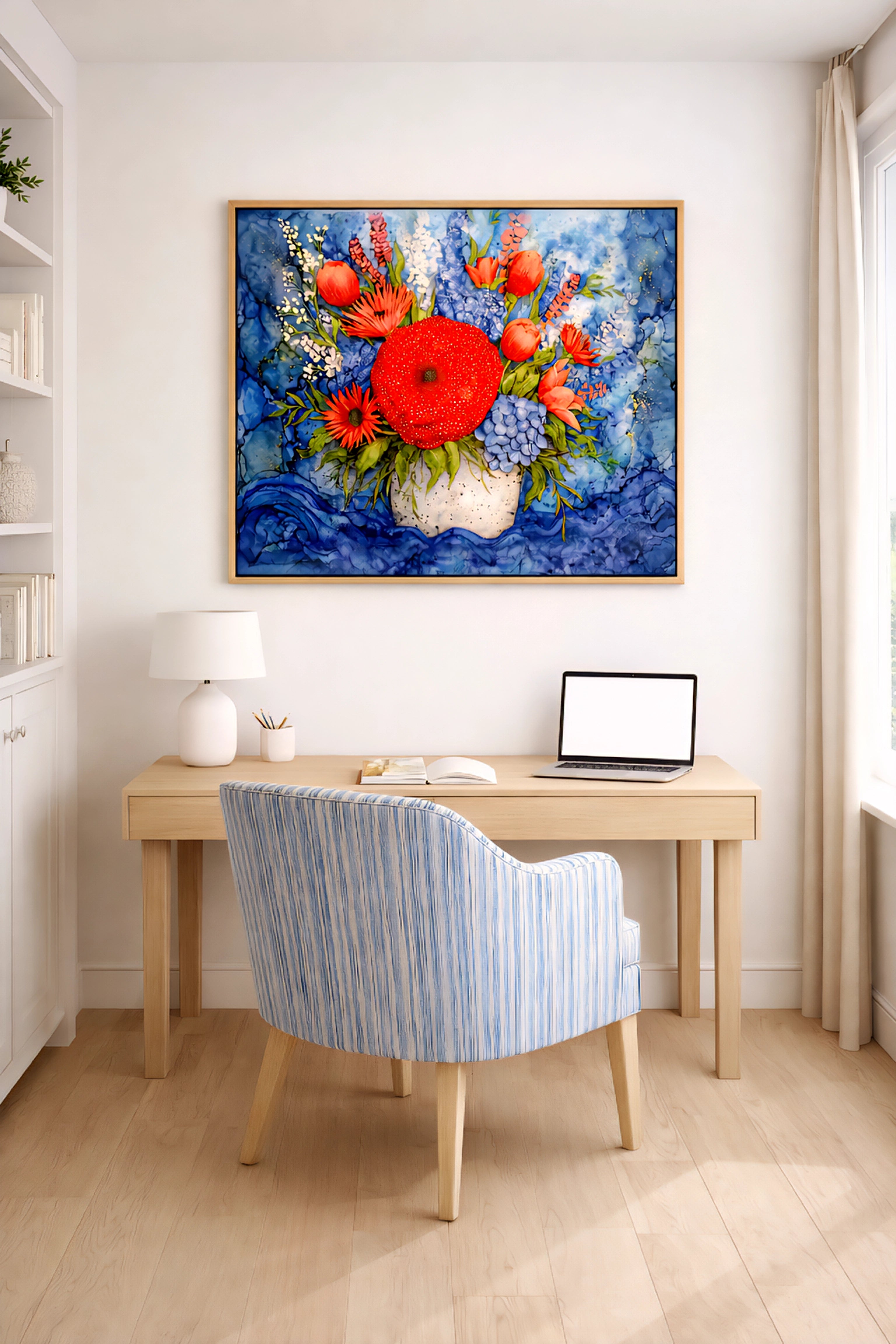Colorful floral wall art digital download, bold red flower bouquet painting in bright modern home office, horizontal printable artwork in 3 orientations