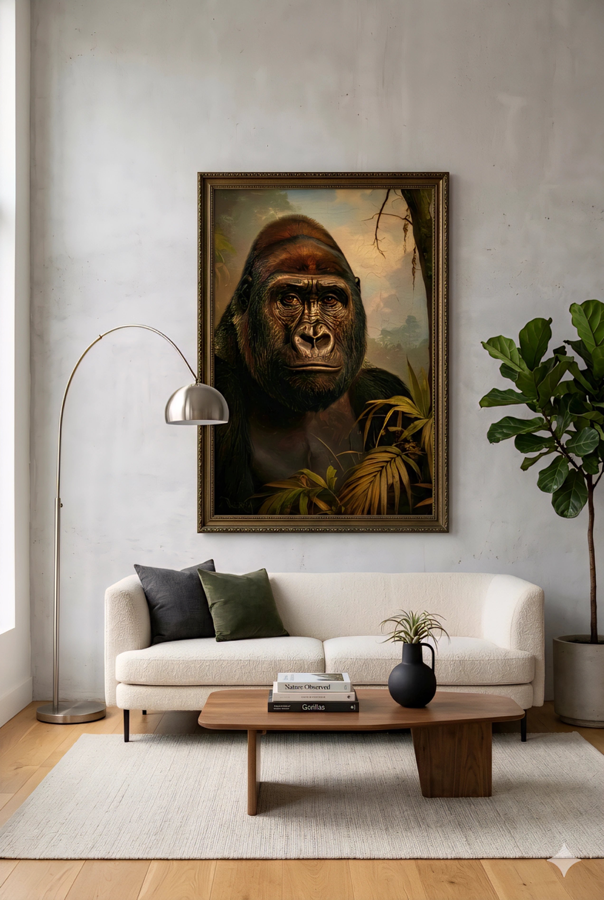 Large gorilla portrait digital wall art in frame styled above sofa in modern living room with neutral tones, wood furniture and indoor plants