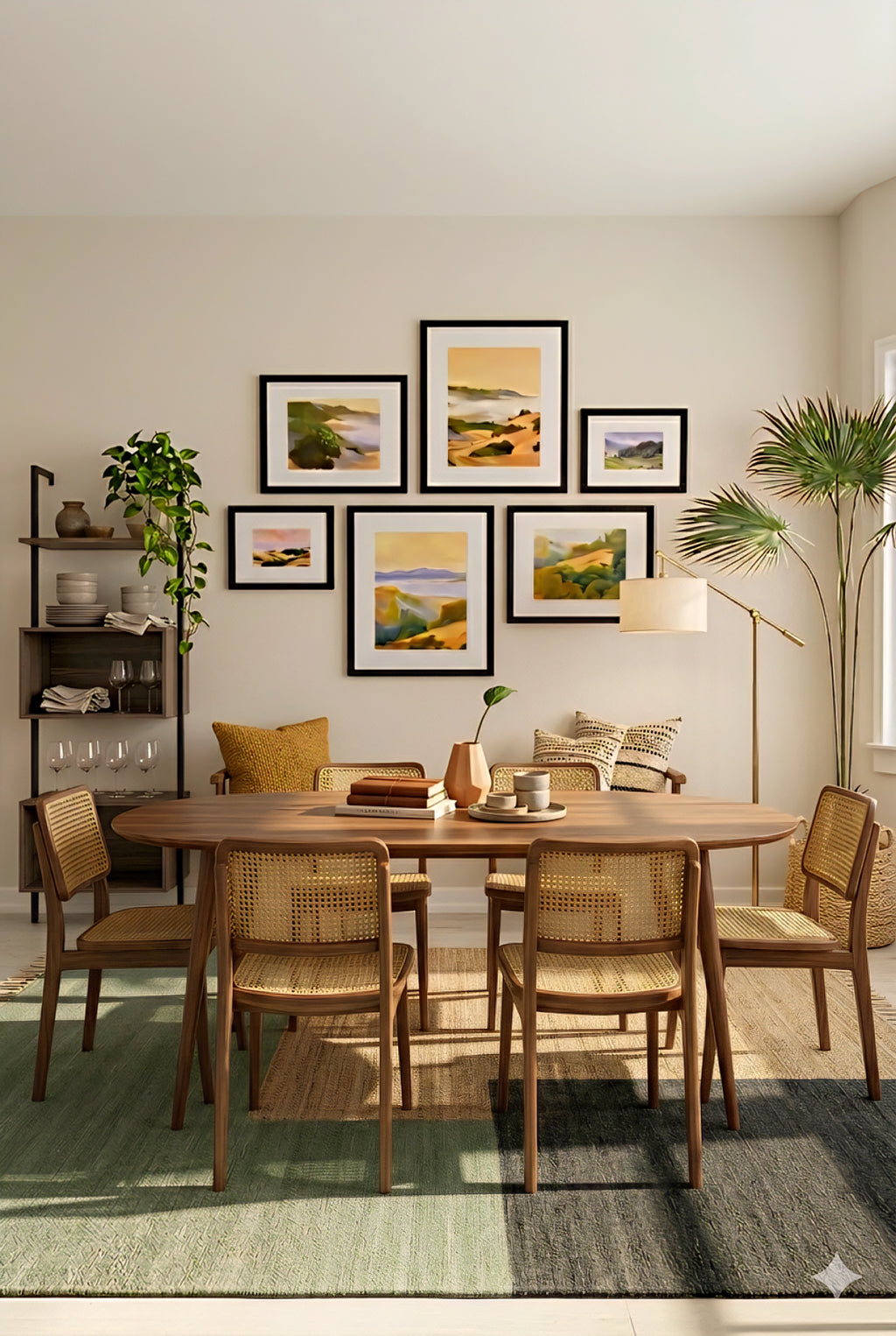 Neutral landscape gallery wall set of 7 printable art prints in warm earthy tones arranged in a modern dining room, oversized wall decor bundle with black frames and layout guide for an easy designer look