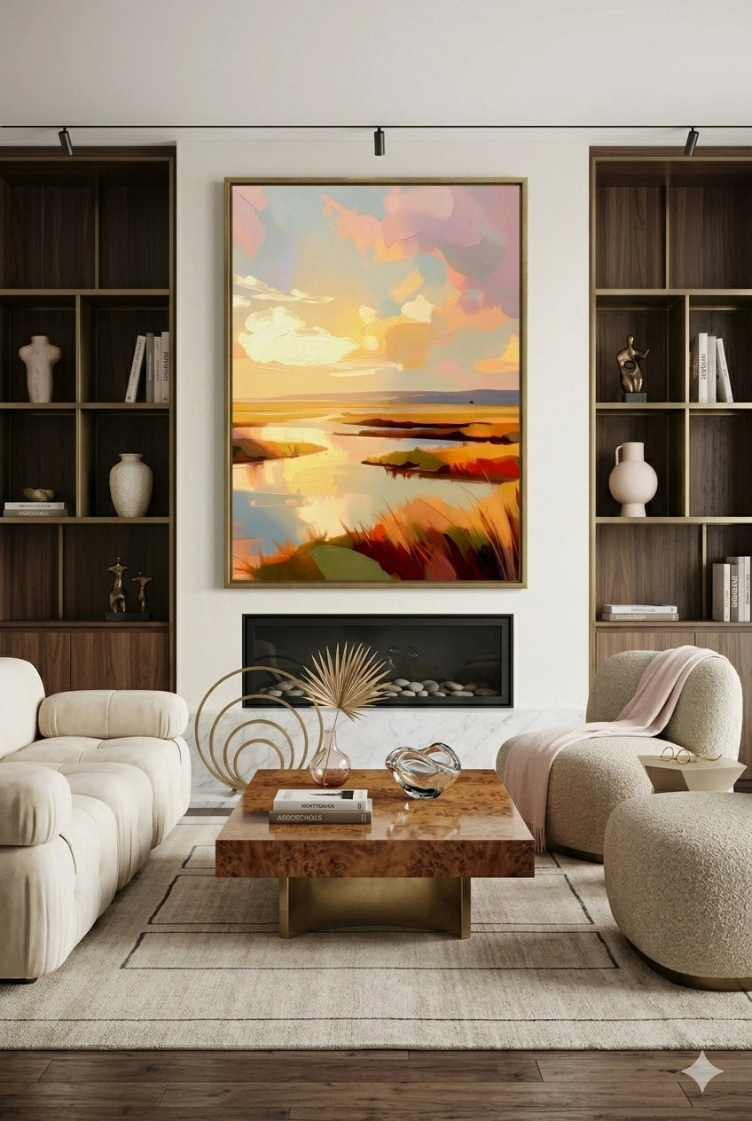 Savvy Places framed low country marsh wall art above fireplace in modern living room with built-ins, warm wood tones, and sunset coastal landscape focal point