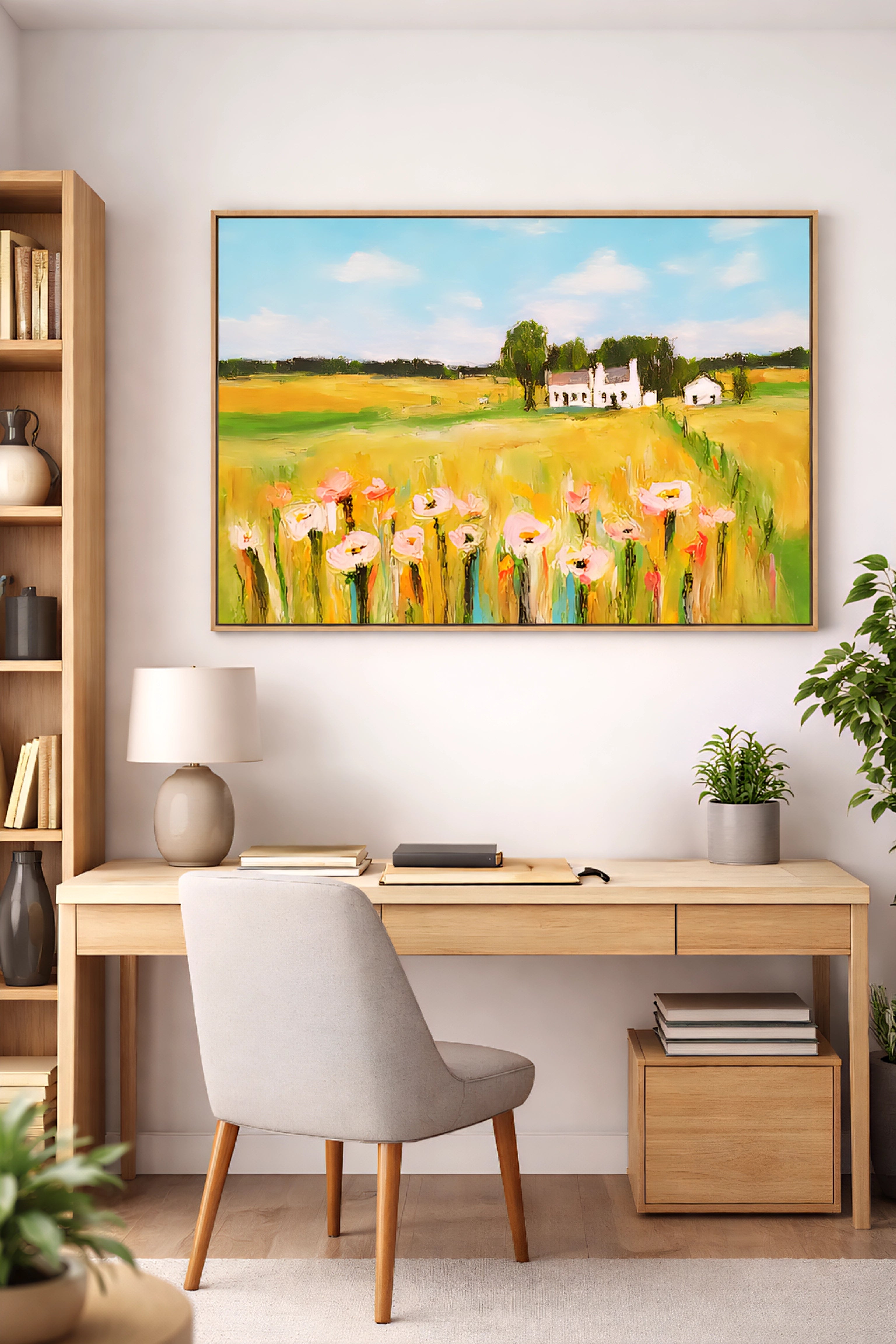 Modern home office with wide farmhouse landscape wall art above wooden desk, neutral decor and soft natural tones
