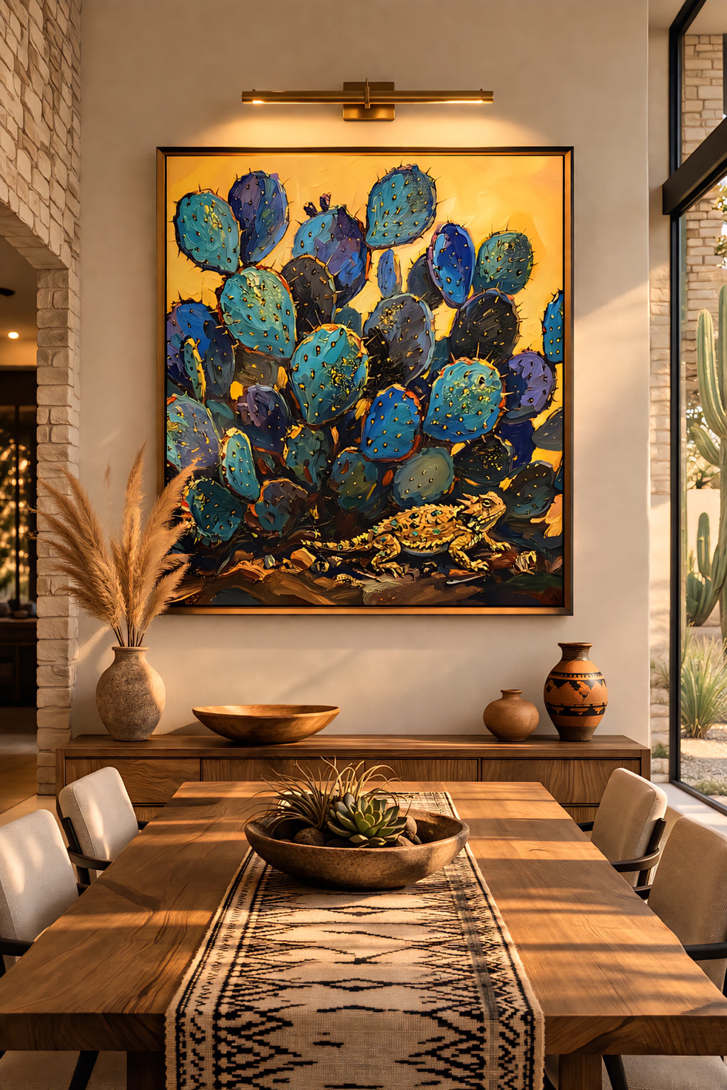Savvy Places blue cactus digital wall art in black frame above wood dining table, Southwestern prickly pear painting in modern desert dining room with warm tones and natural textures