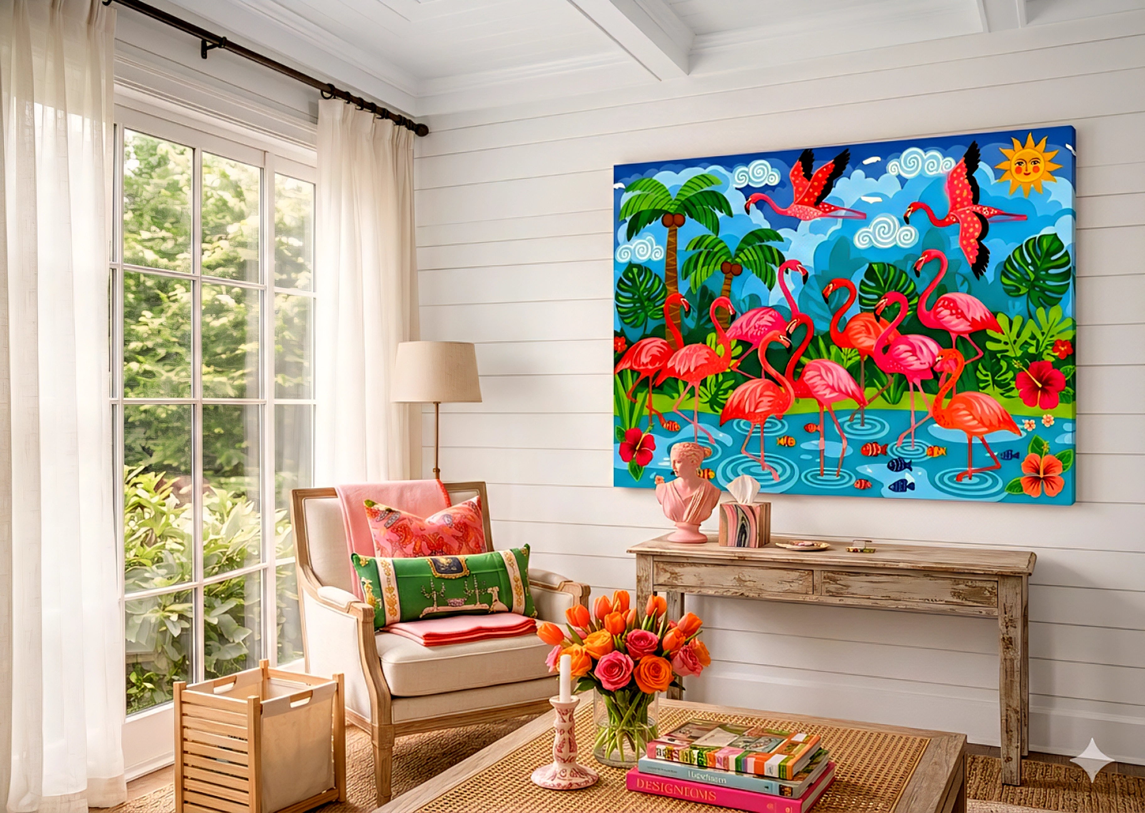 Living room with a colorful flamingo painting on the wall created from digital download 