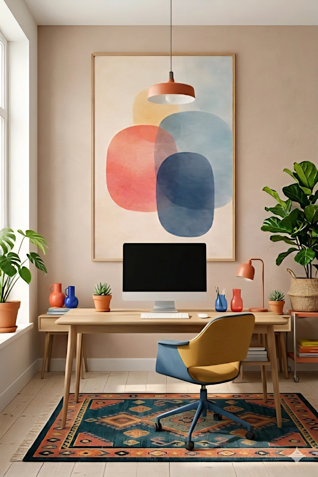 Modern boho home office with a colorful printable abstract painting, desk, chair, and decor.