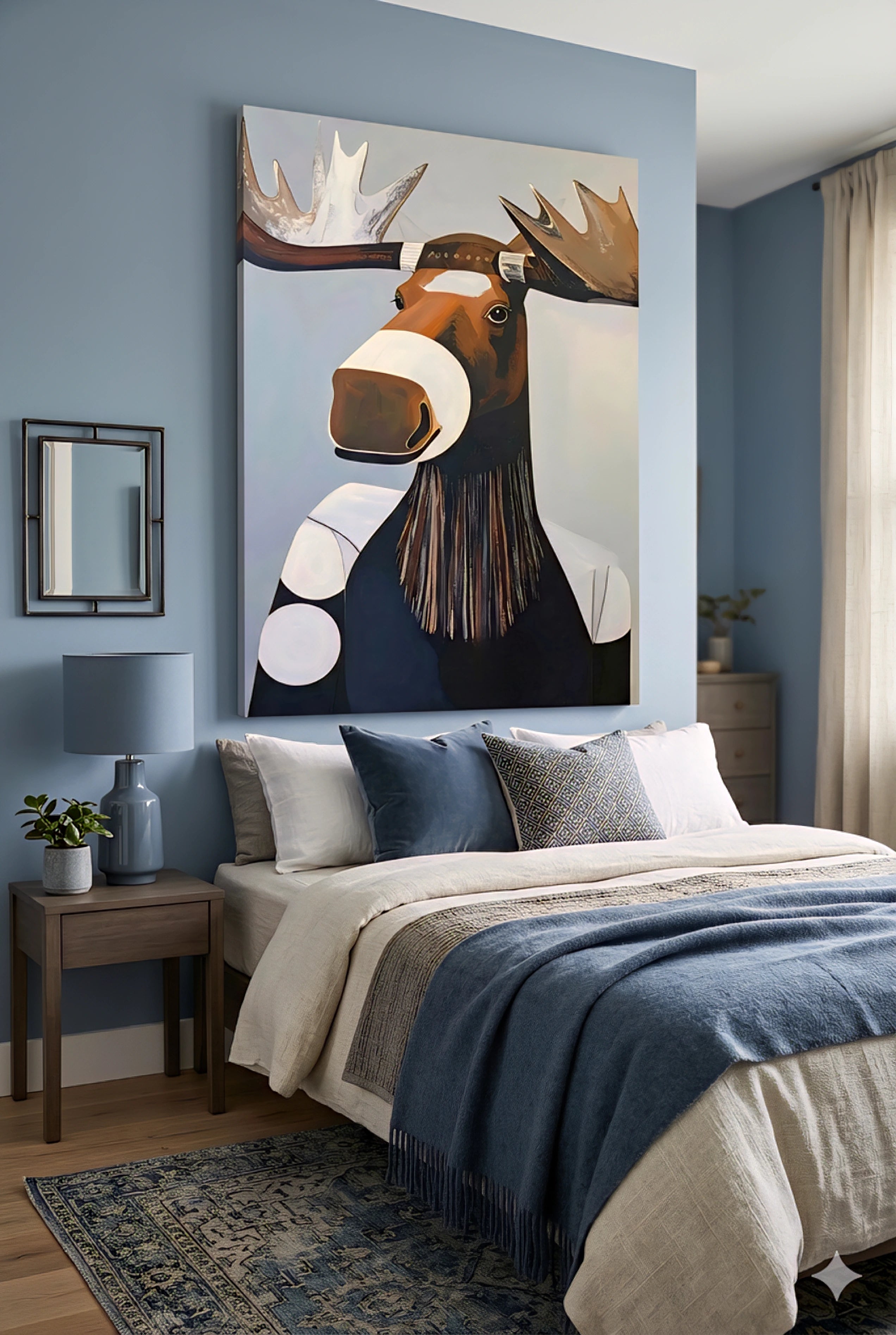 Blue bedroom with oversized moose wall art above bed, cozy neutral bedding and modern rustic decor creating a calm, stylish space