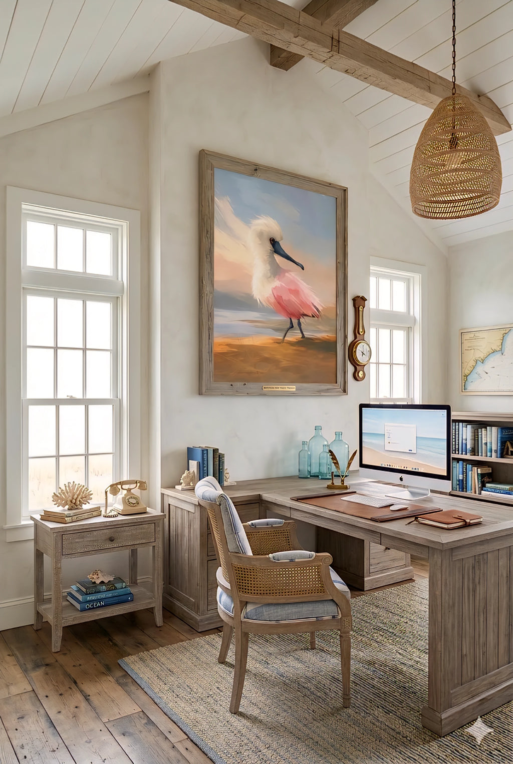 Coastal home office decorinspo with bird wall art digital download, light wood desk, neutral textures, beach style workspace, airy coastal interior with natural light and soft tones