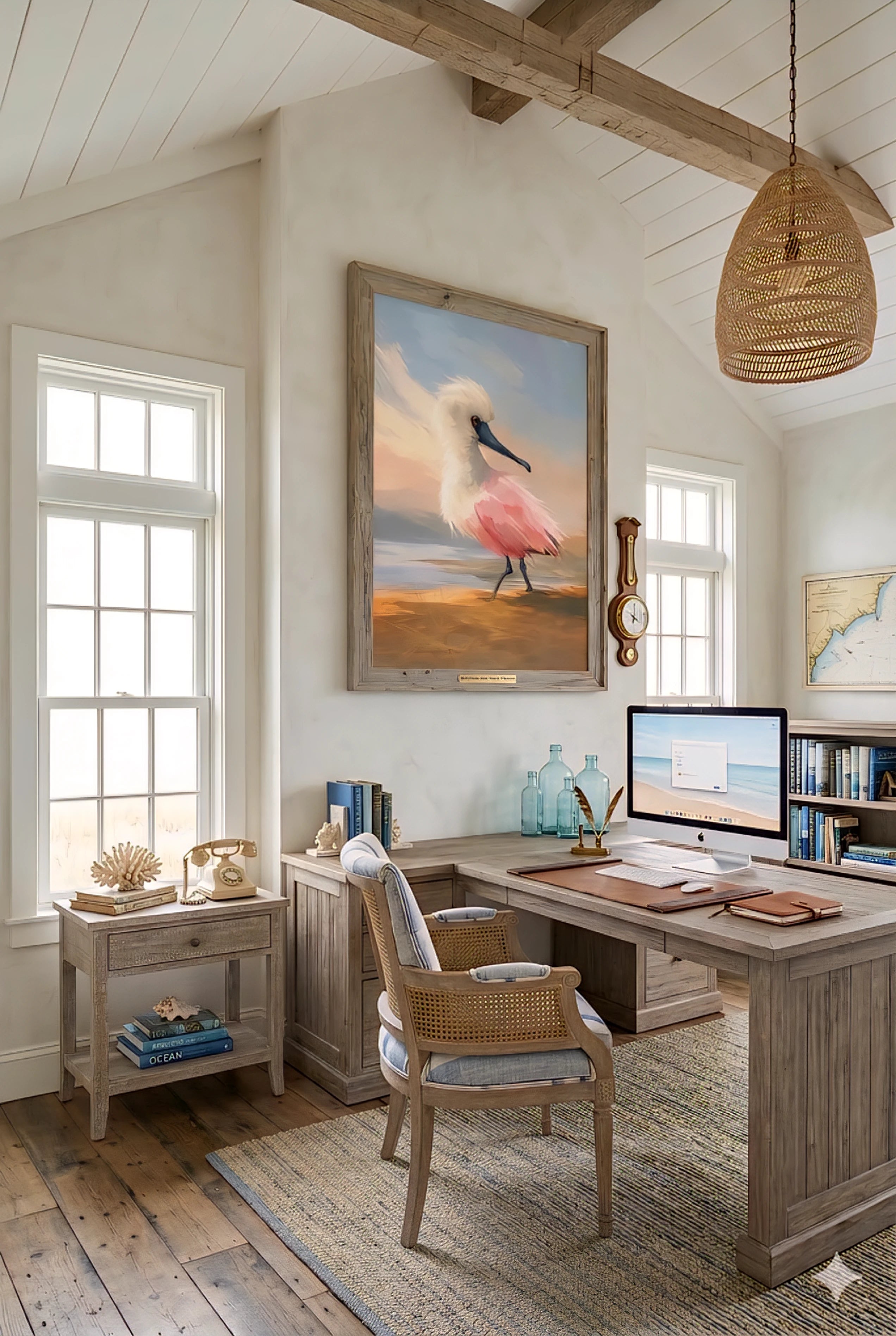 Coastal home office decorinspo with bird wall art digital download, light wood desk, neutral textures, beach style workspace, airy coastal interior with natural light and soft tones