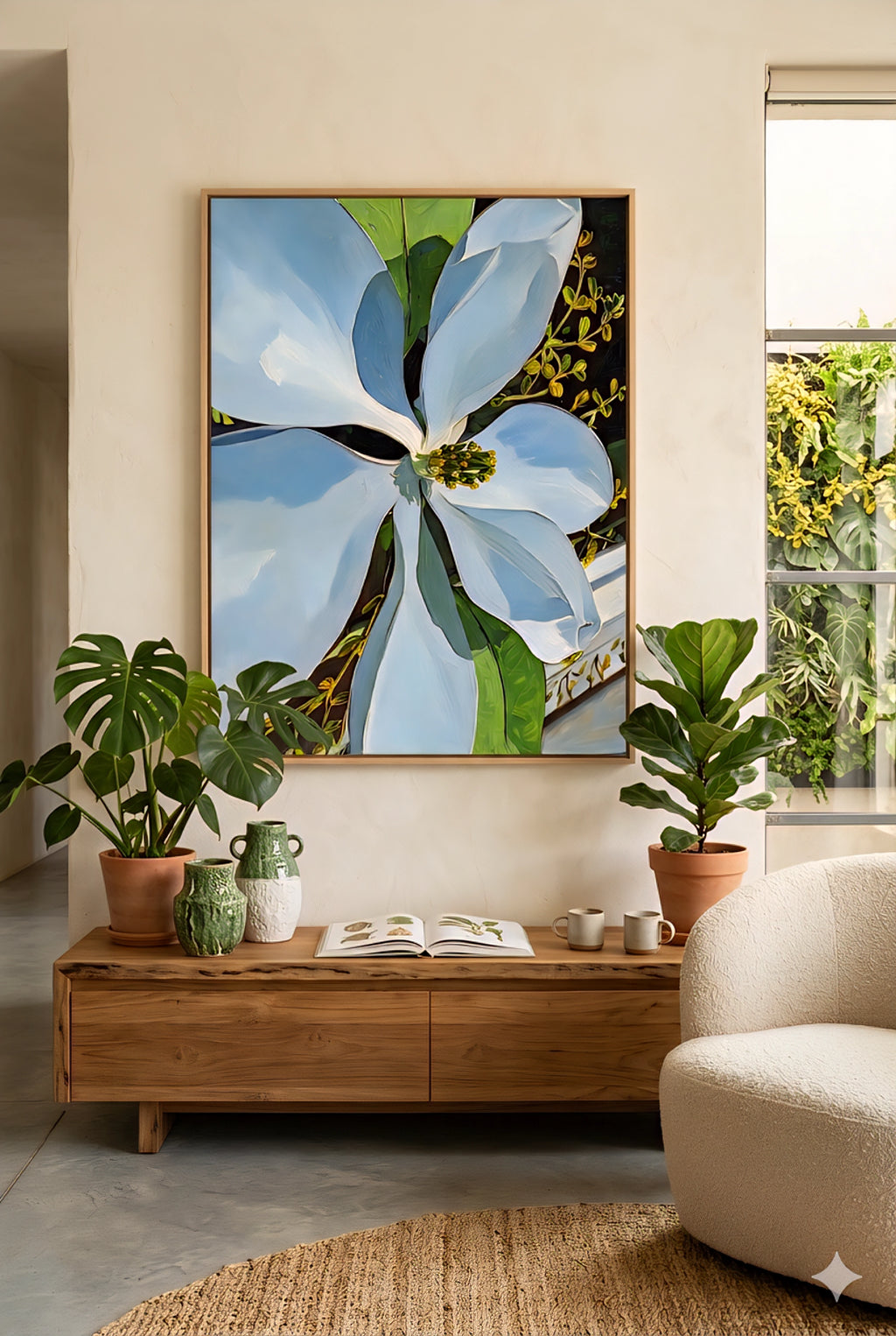 Magnolia wall art printable in plant-filled living room, large white floral artwork above wood console, botanical digital download, modern organic decor with greenery, neutral tones and natural textures