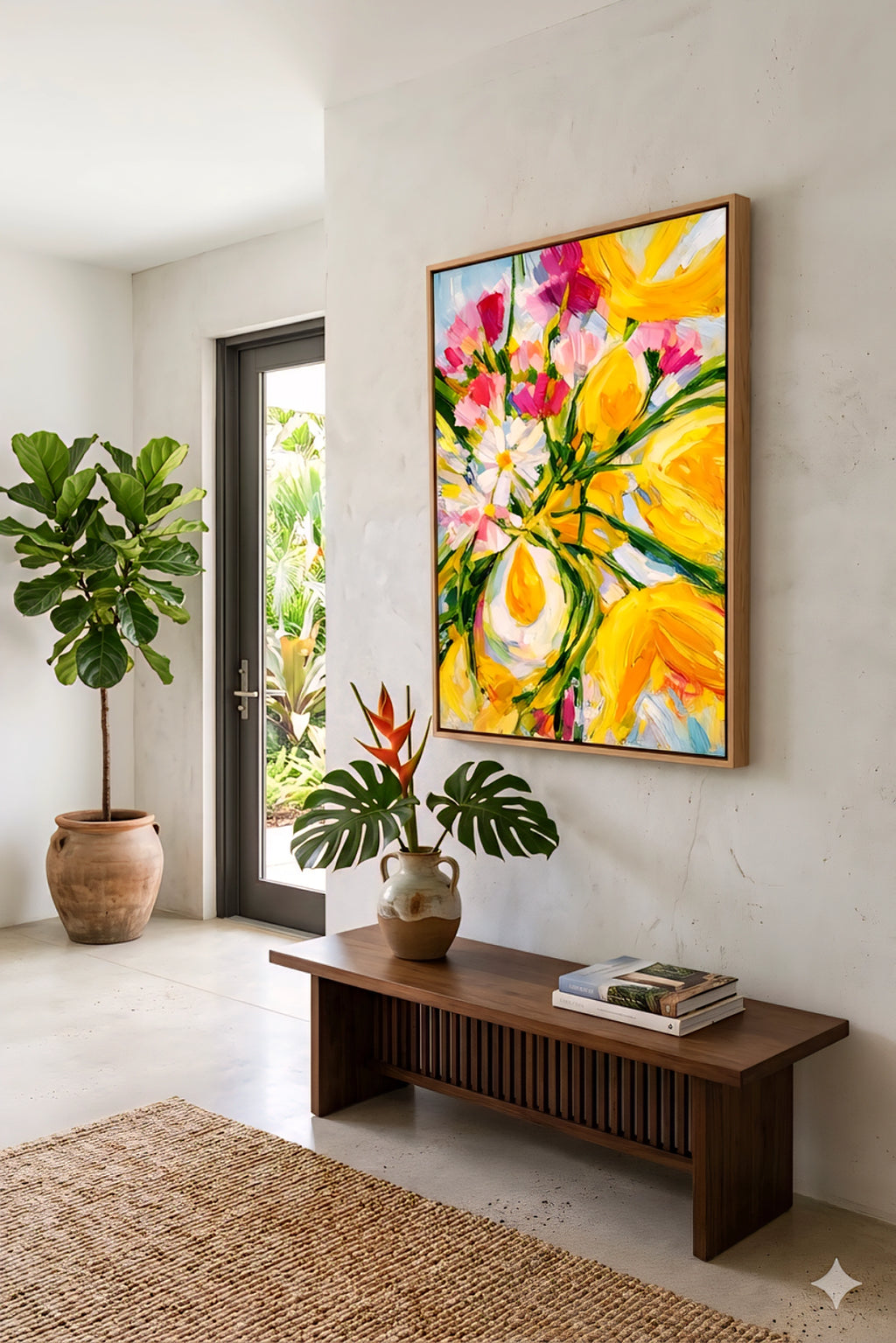 Yellow and pink floral abstract wall art above a modern wood bench in a bright entryway with tropical plants, textured rug, and natural light, creating a fresh, inviting decorinspo look
