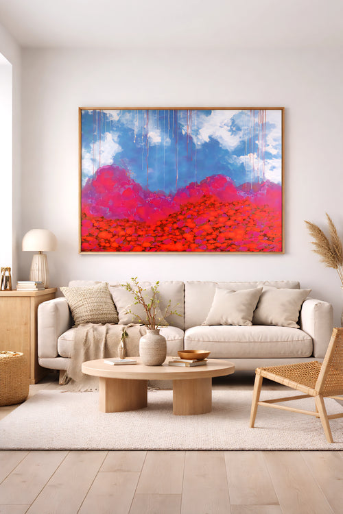 Large horizontal colorful abstract landscape wall art above neutral sofa in modern living room with warm wood tones, soft textures, and minimal decor, printable digital download