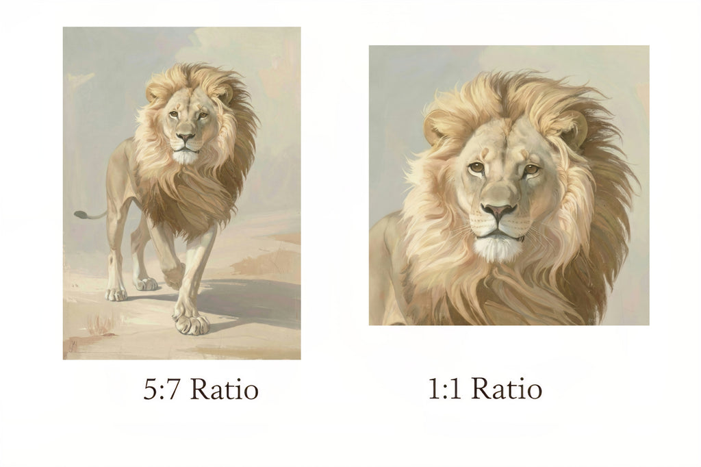 Two lion illustrations side by side, one labeled '5:7 Ratio' and the other '1:1 Ratio'.