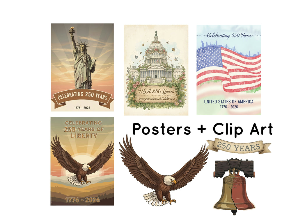 Collection of digitally downloaded posters and clip art celebrating 250 years of American history with symbols like the Statue of Liberty, Capitol building, American flag, bald eagle, and liberty bell.