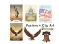 Collection of digitally downloaded posters and clip art celebrating 250 years of American history with symbols like the Statue of Liberty, Capitol building, American flag, bald eagle, and liberty bell.