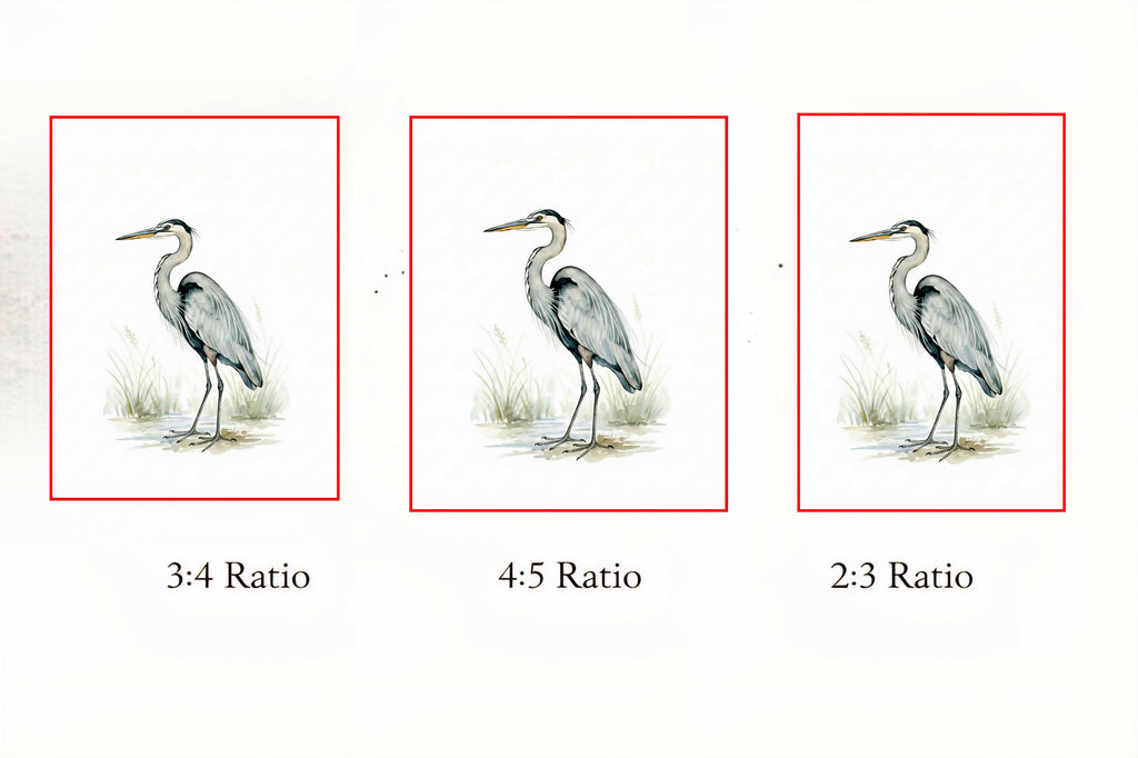 Three illustrations of a digital download  heron with different aspect ratios on a white background
