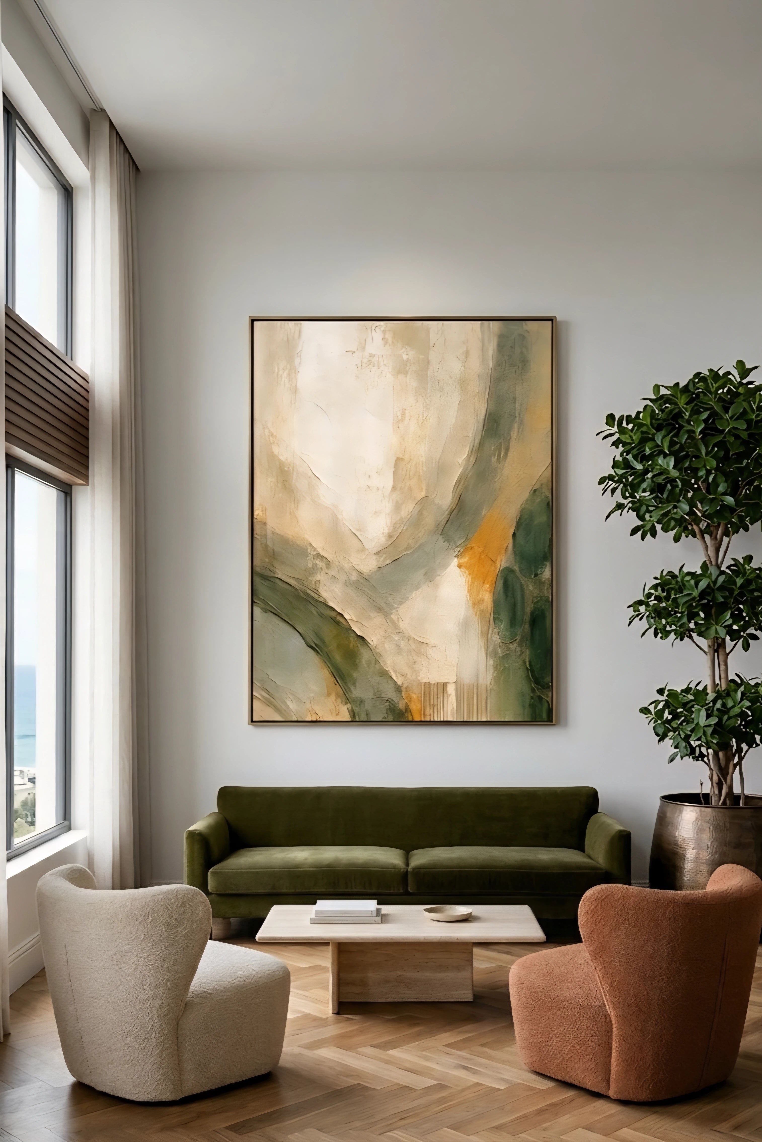 Large earth tone abstract wall art in vertical frame above green sofa, modern living room with wood floors, neutral tones, and natural light decorinspo