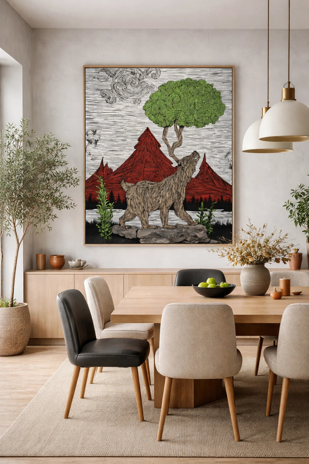 Woodcut-style bear artwork above modern dining table with neutral decor and warm wood tones