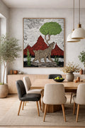 Woodcut-style bear artwork above modern dining table with neutral decor and warm wood tones