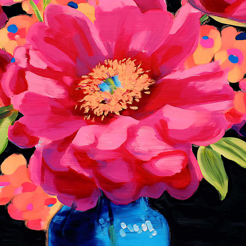 Colorful floral arrangement with a pink flower in the center on a black background