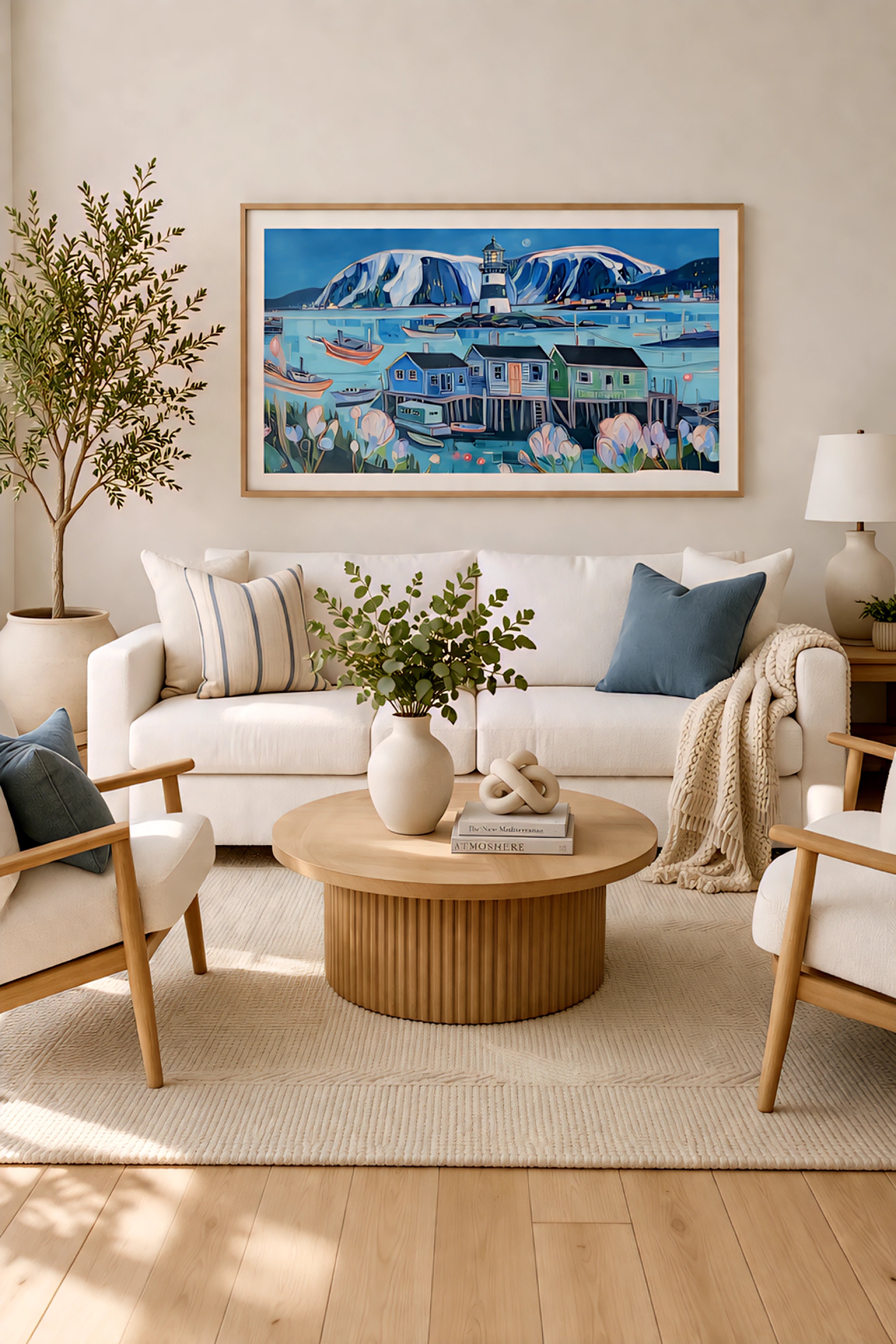Modern coastal living room wall art mockup with horizontal lighthouse harbor painting in light wood frame above neutral sofa, minimalist decor, warm wood furniture, soft textures and airy beach house decor inspiration