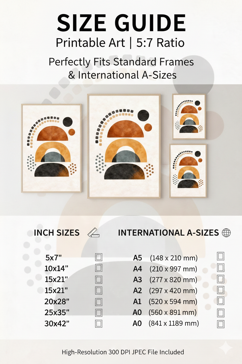 Size guide for printable art with frame compatibility and international A-size equivalents.