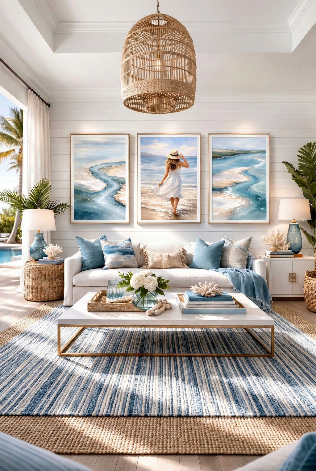 Coastal wall art set of 3 prints styled in a bright living room, ocean abstract artwork and beach scene decorinspo for beach house or modern coastal home decor