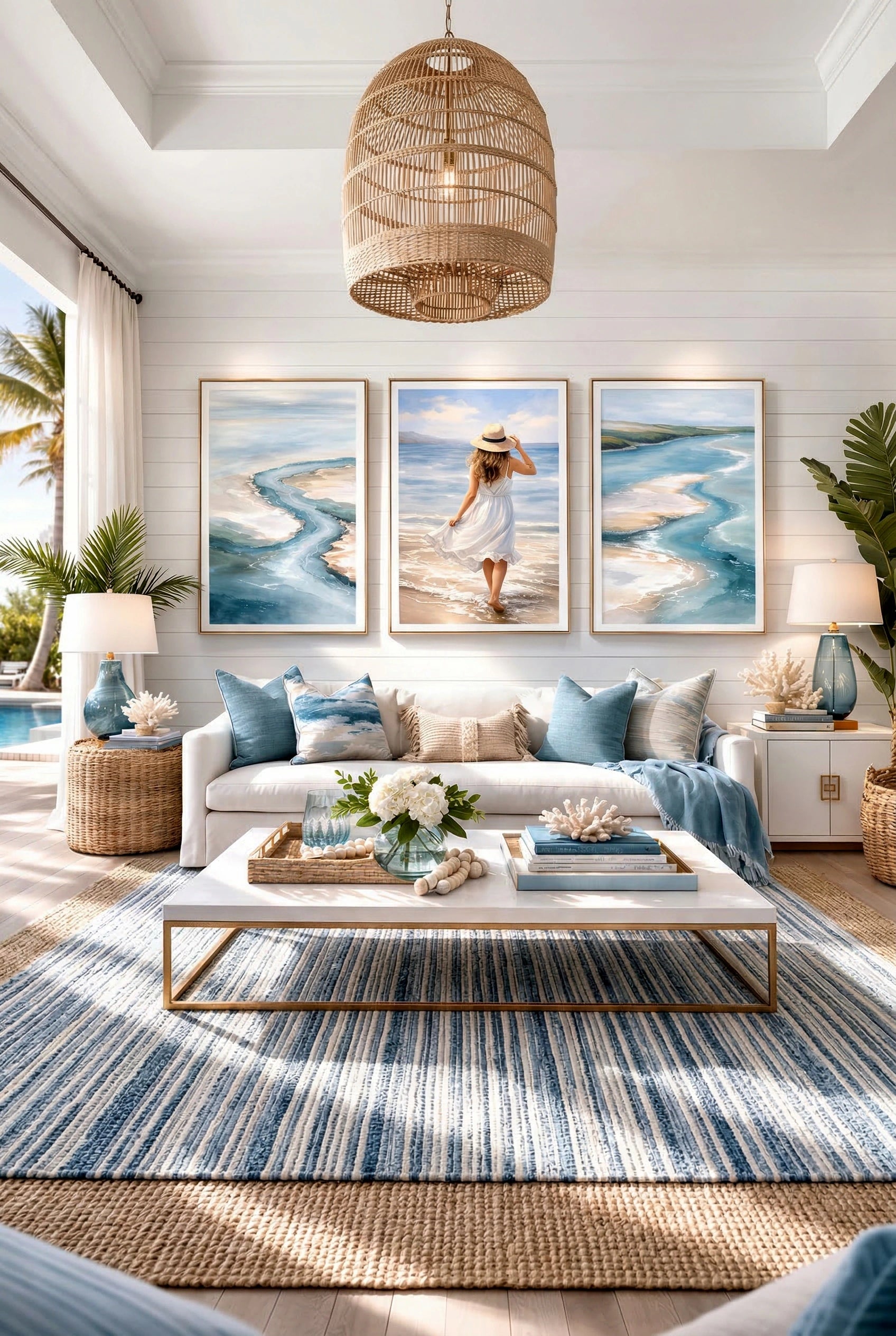 Coastal wall art set of 3 prints styled in a bright living room, ocean abstract artwork and beach scene decorinspo for beach house or modern coastal home decor