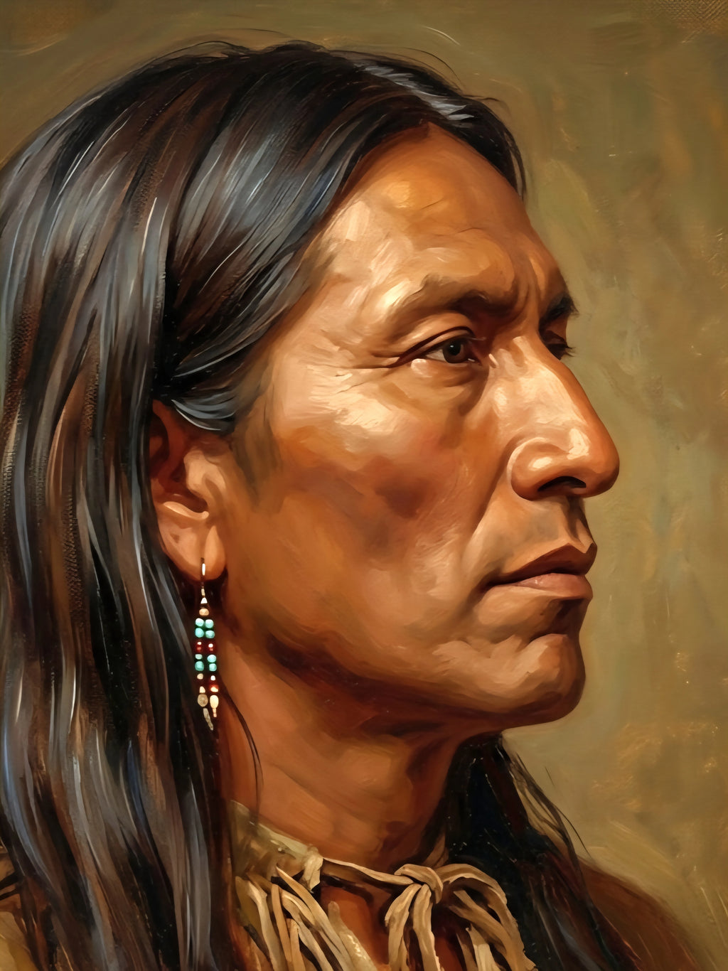 Close-up Native American profile vertical  portrait with long dark hair, expressive facial details, and beaded earring in warm earthy tones on textured background