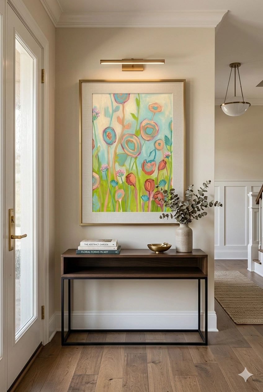 Pastel abstract floral wall art displayed above console table in modern entryway, soft teal and blush tones add fresh welcoming decorinspo