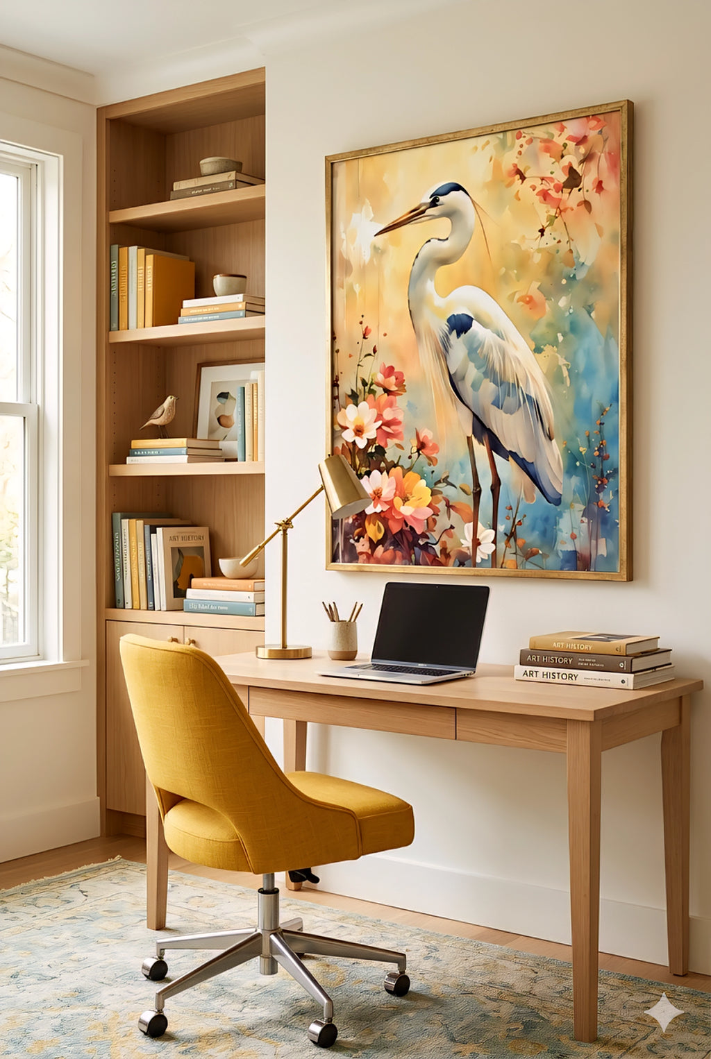 Great blue heron wall art print displayed in a bright modern home office with wood desk, mustard chair, and built-in shelves, featuring a colorful floral watercolor bird artwork that adds warmth and personality, ideal oversized statement art for office decor, cottagecore, and modern traditional interiors, digital download printable in multiple ratios for flexible wall styling