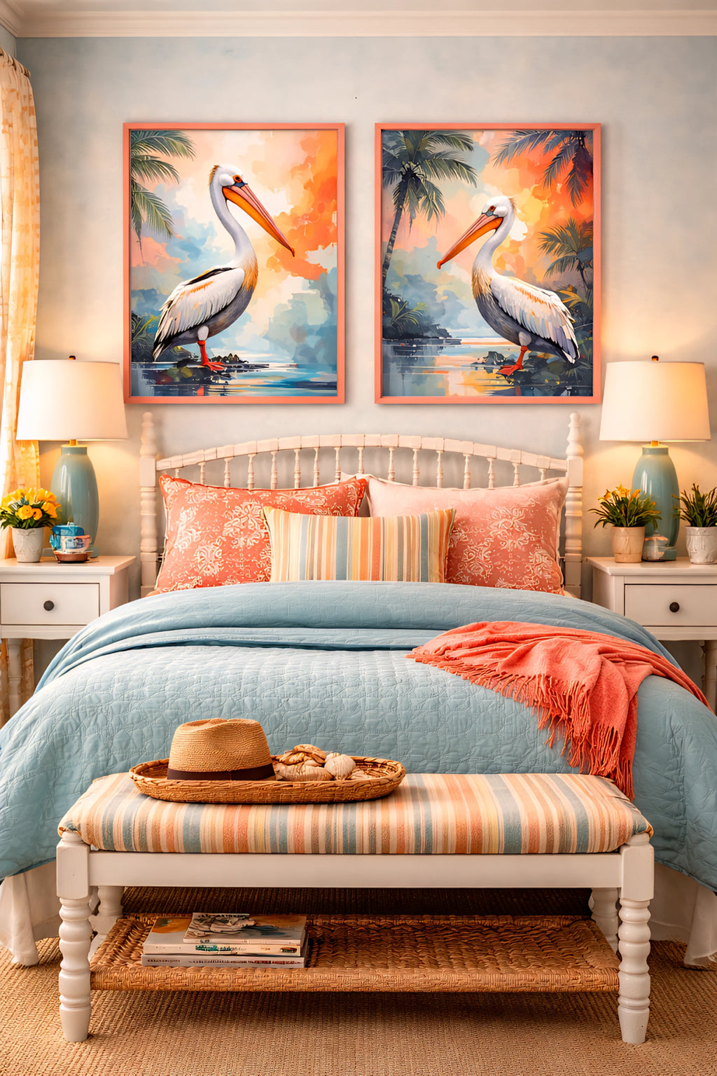 Coastal pelican wall art printable tropical Pair pelican bird digital download displayed above a bed in a colorful beach style bedroom.