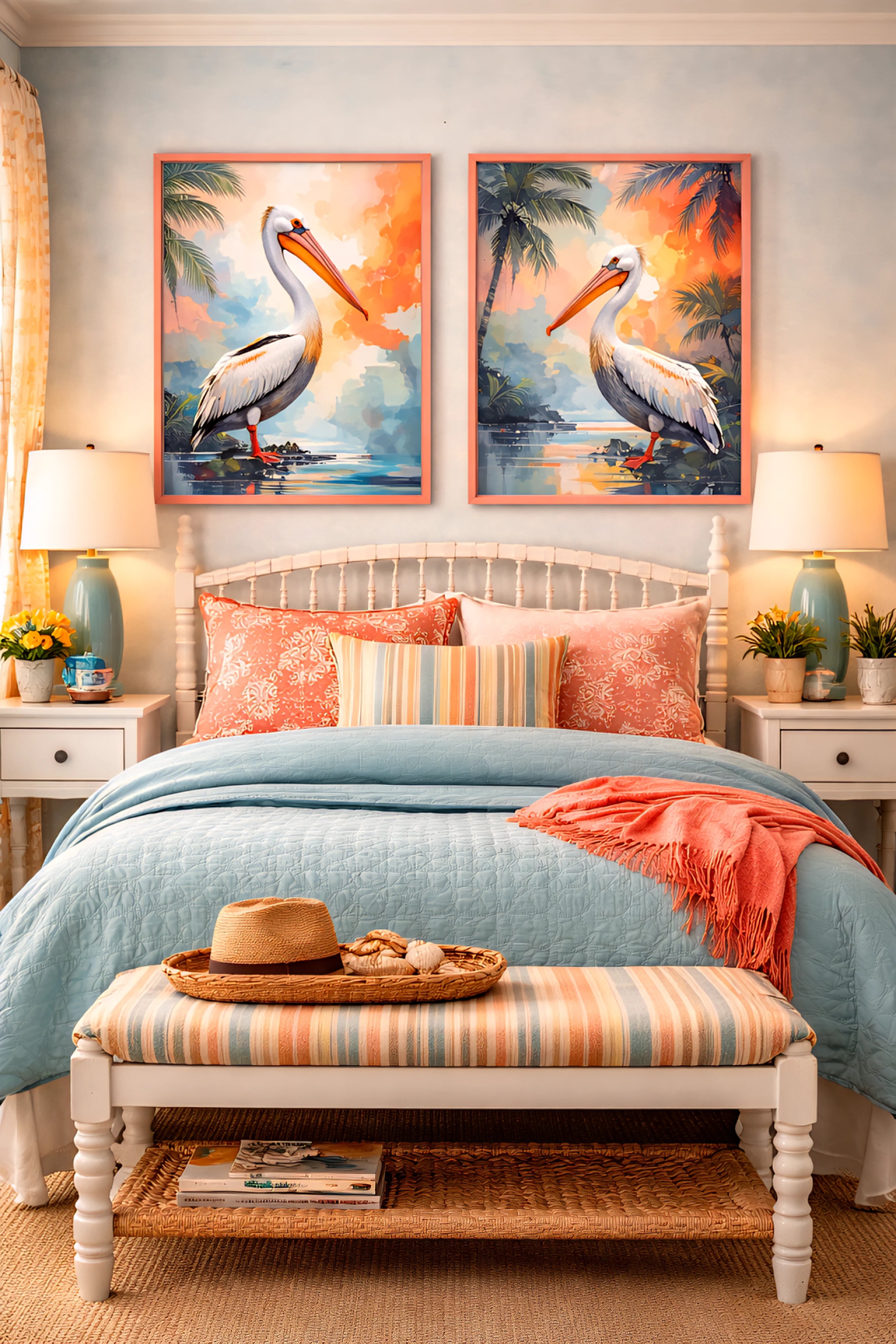 Coastal pelican wall art printable tropical Pair pelican bird digital download displayed above a bed in a colorful beach style bedroom.