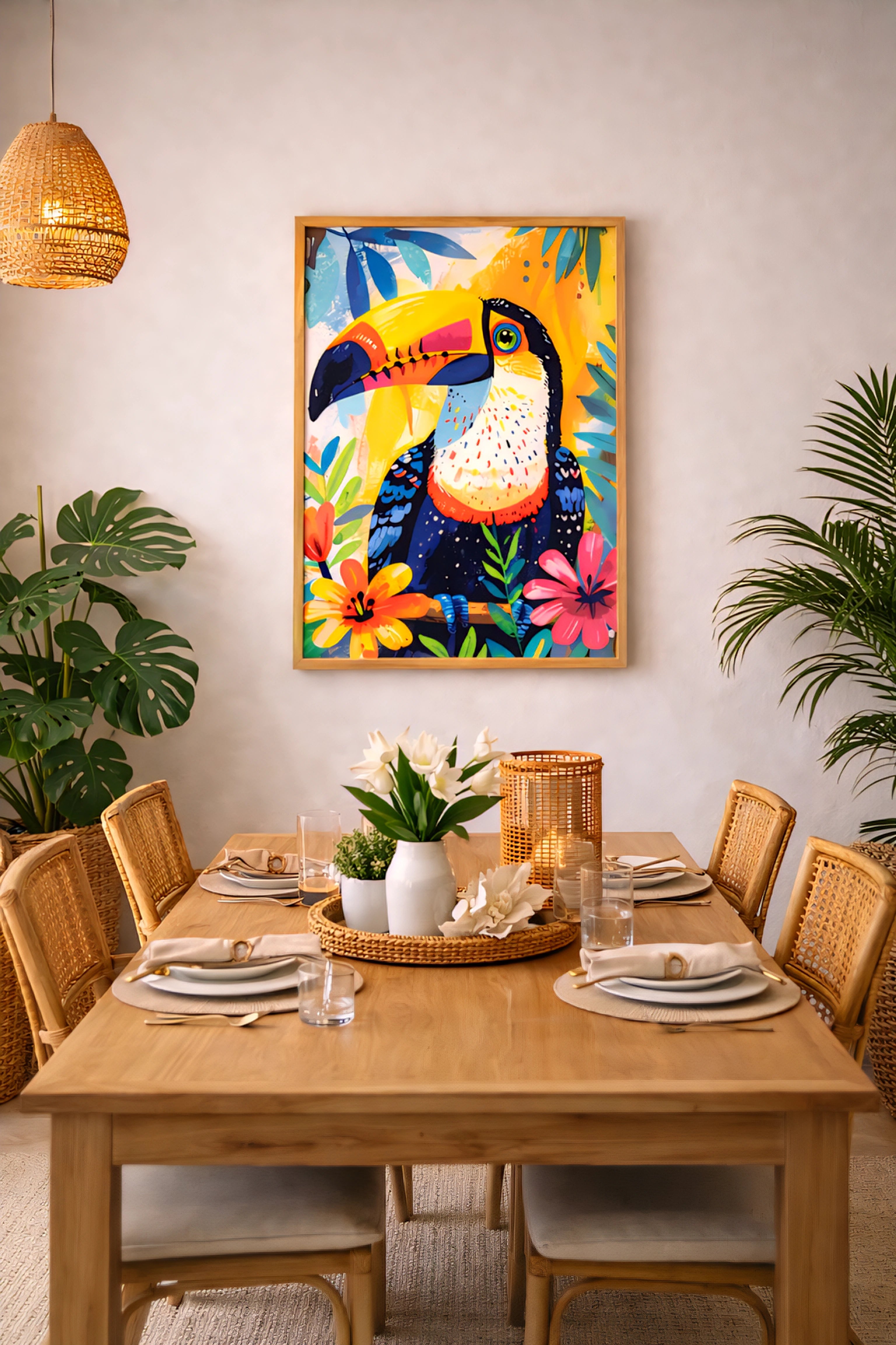 Colorful tropical toucan printable wall art above wood dining table with rattan chairs.