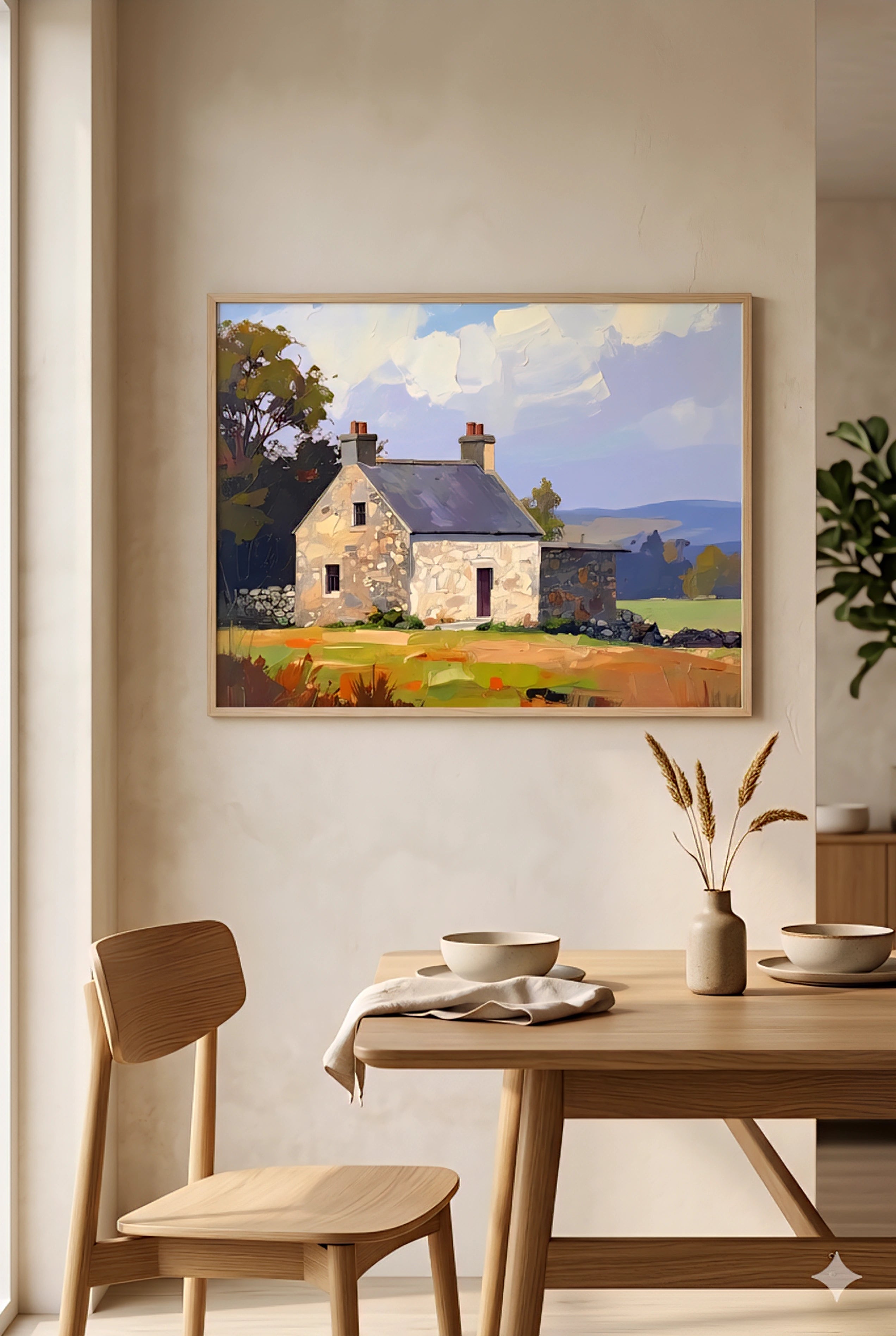 Cottage landscape wall art in soft countryside tones, framed horizontal print styled above light wood dining table with neutral decor, minimalist ceramics and warm natural textures in a calm modern dining room