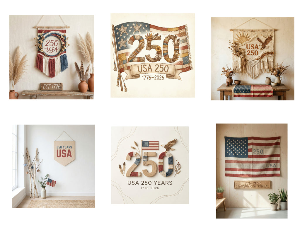 Collage of decorative items celebrating USA 250th anniversary, including flags and banners.