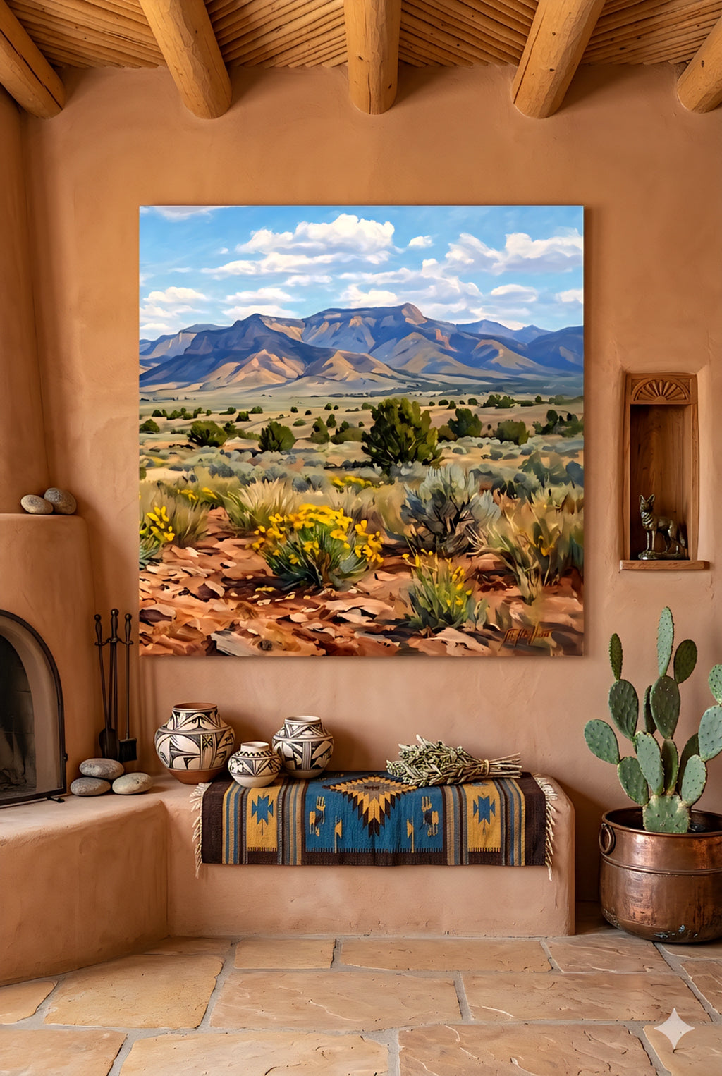Savvy places desert mountain landscape wall art in rustic southwest living room, large printable desert scenery with blue sky and wildflowers decorinspo