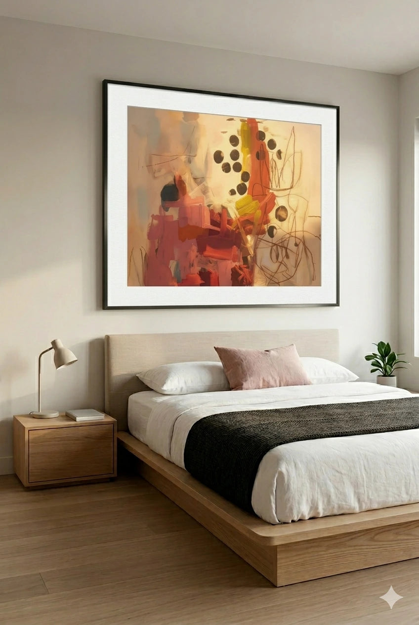Savvy Places abstract modern wall art with warm coral and neutral tones styled above a bed in a clean, contemporary bedroom.