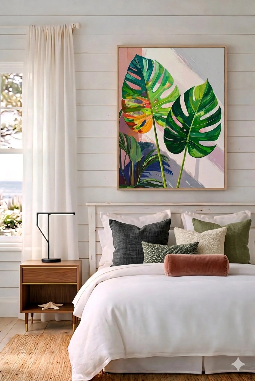 Savvy Places bold contemporary tropical leaf wall art displayed above a modern bed in a light, airy bedroom with neutral bedding and natural wood nightstand