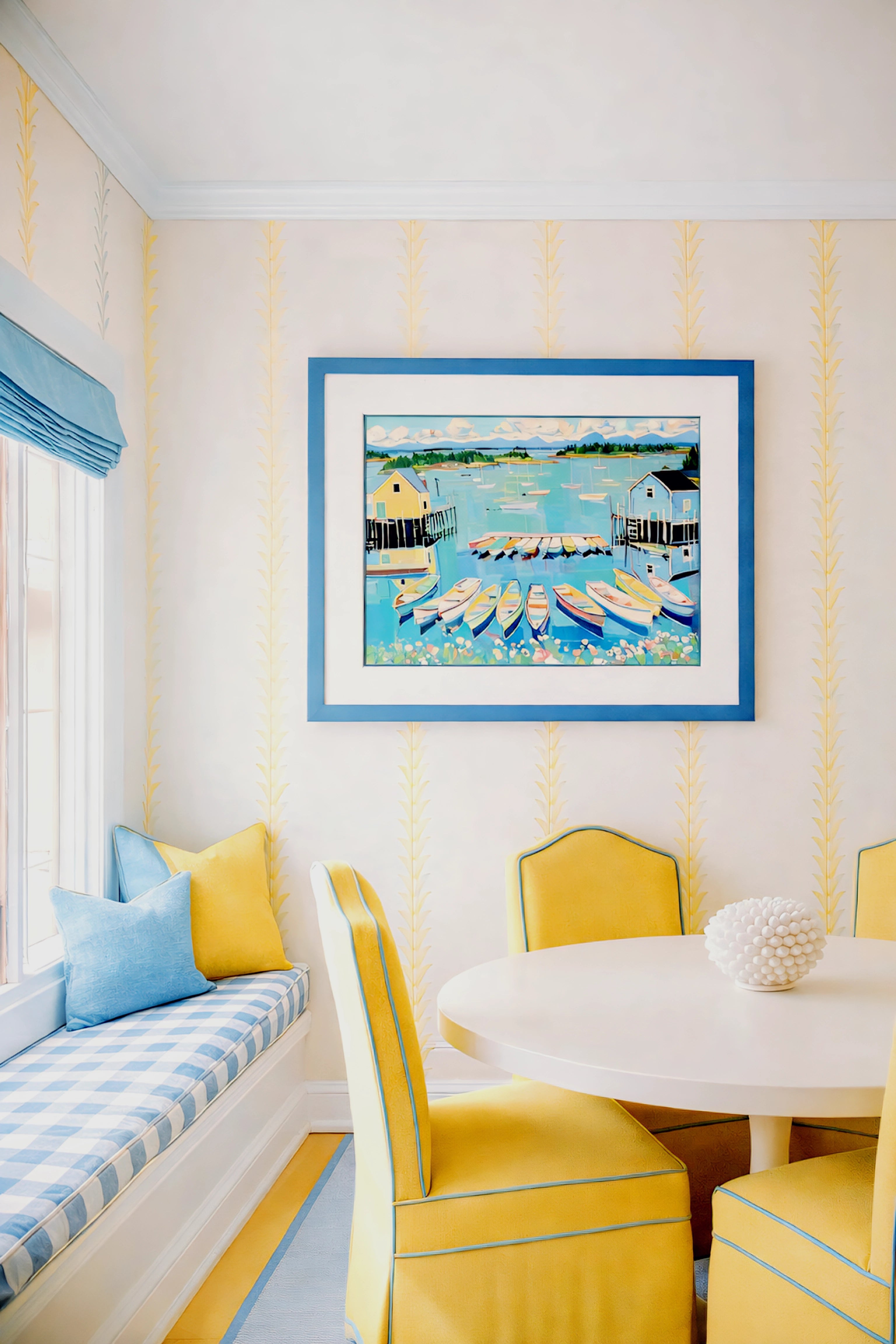 Coastal harbor printable wall art digital download in bright breakfast nook with blue and yellow coastal decor
