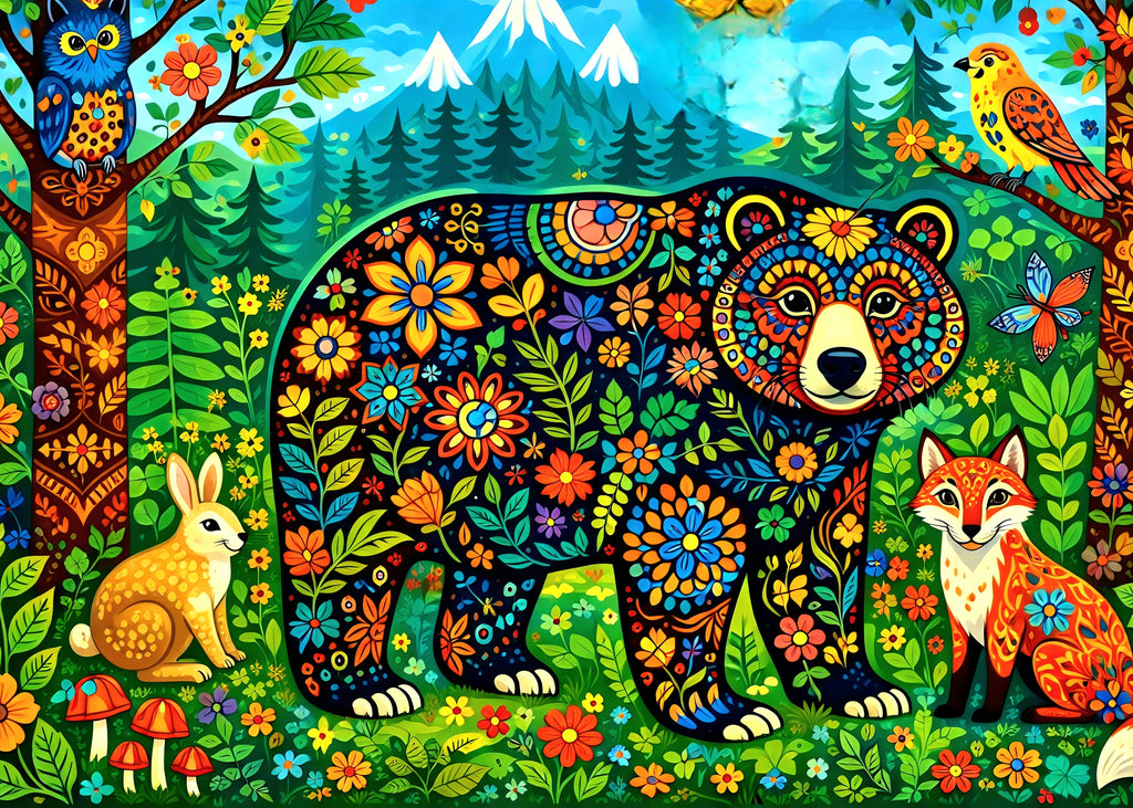 Colorful folk art digital illustration of a bear surrounded by flowers, animals, and trees in a forest setting.