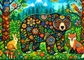 Colorful folk art digital illustration of a bear surrounded by flowers, animals, and trees in a forest setting.