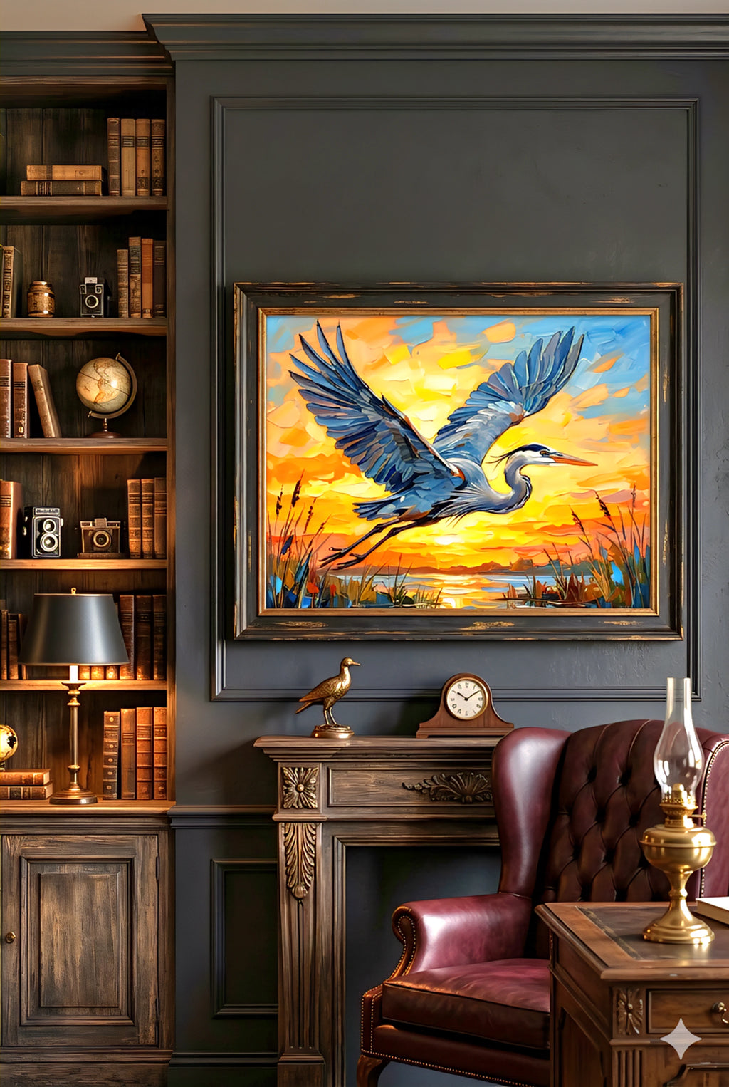 Blue Heron Sunset Wall Art Printable – Coastal Marsh Bird Artwork Digital Download – Orange Sky Landscape Print