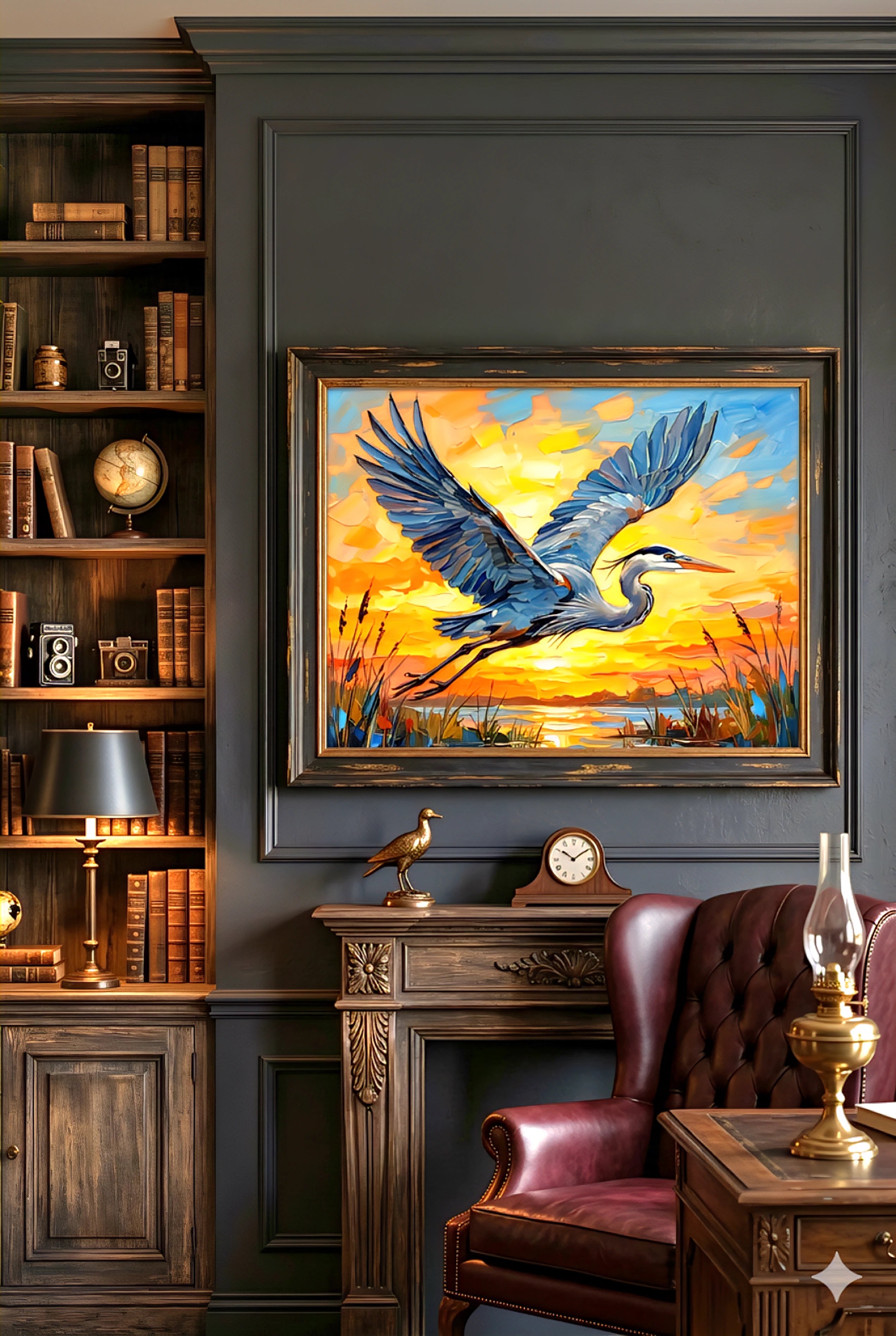 Blue Heron Sunset Wall Art Printable – Coastal Marsh Bird Artwork Digital Download – Orange Sky Landscape Print