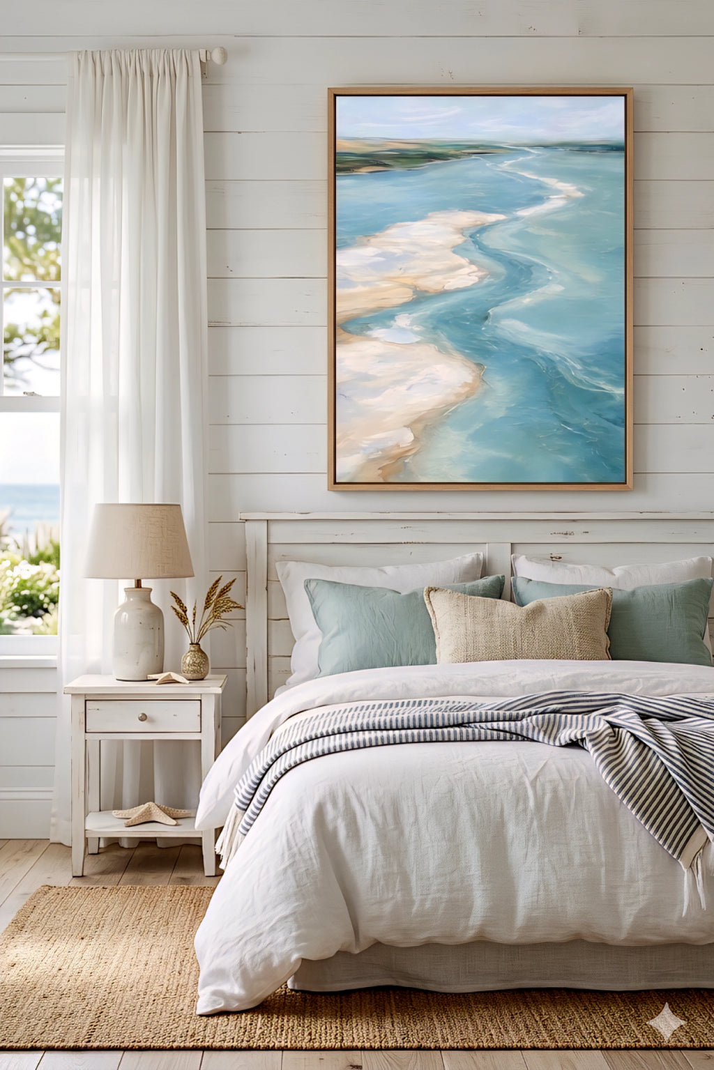 Large coastal ocean artwork above bed with white bedding, blue pillows and light beach style decor