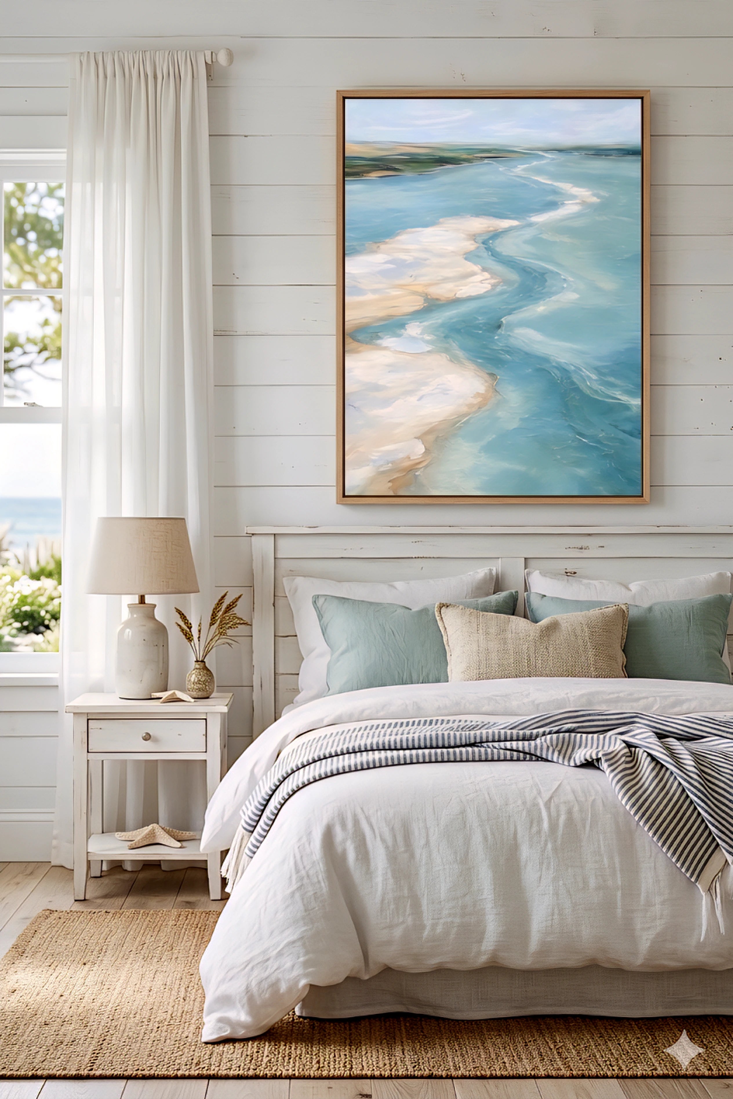 Large coastal ocean artwork above bed with white bedding, blue pillows and light beach style decor