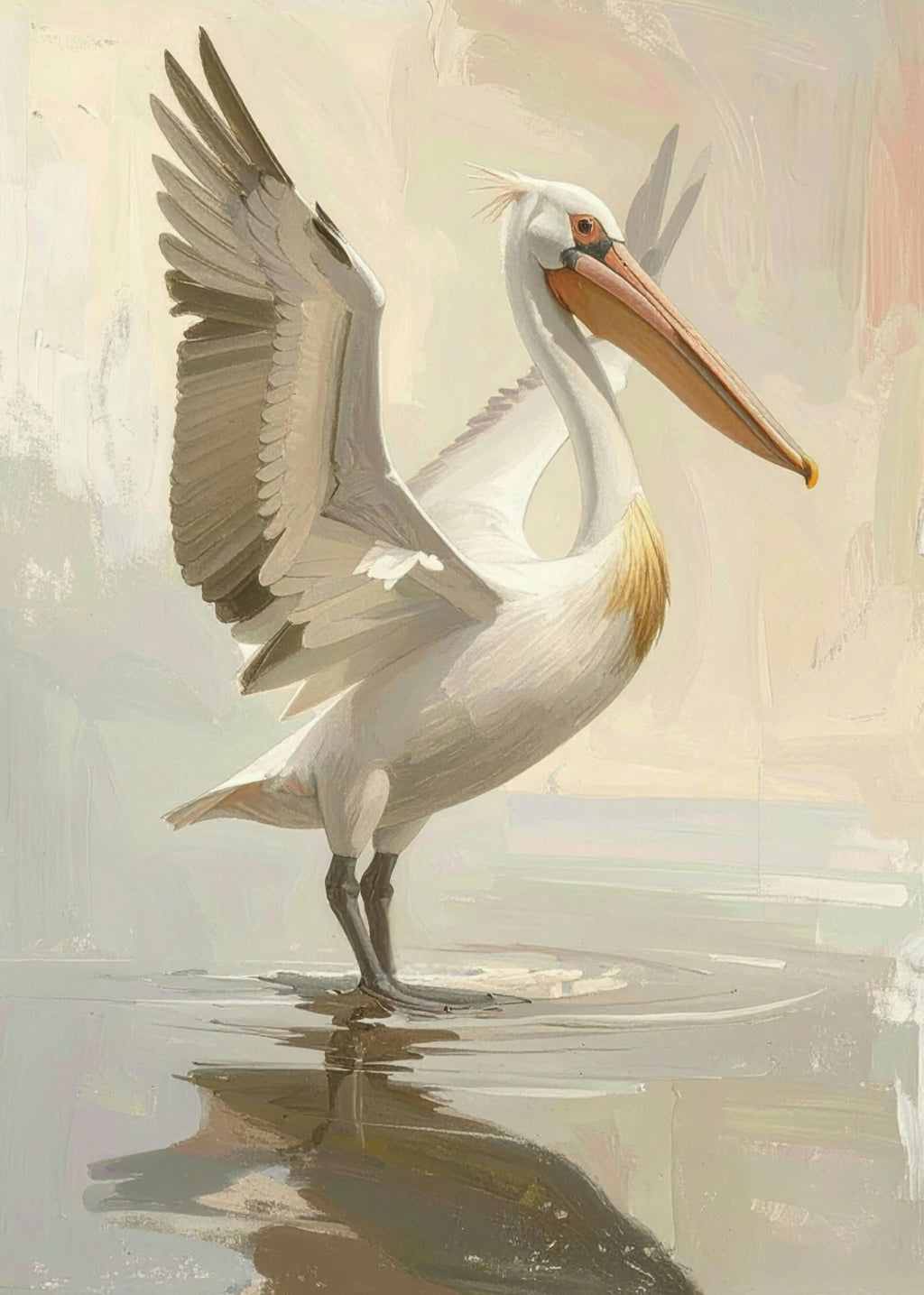 Painting of a pelican standing on a reflective water surface with a soft, pastel background.